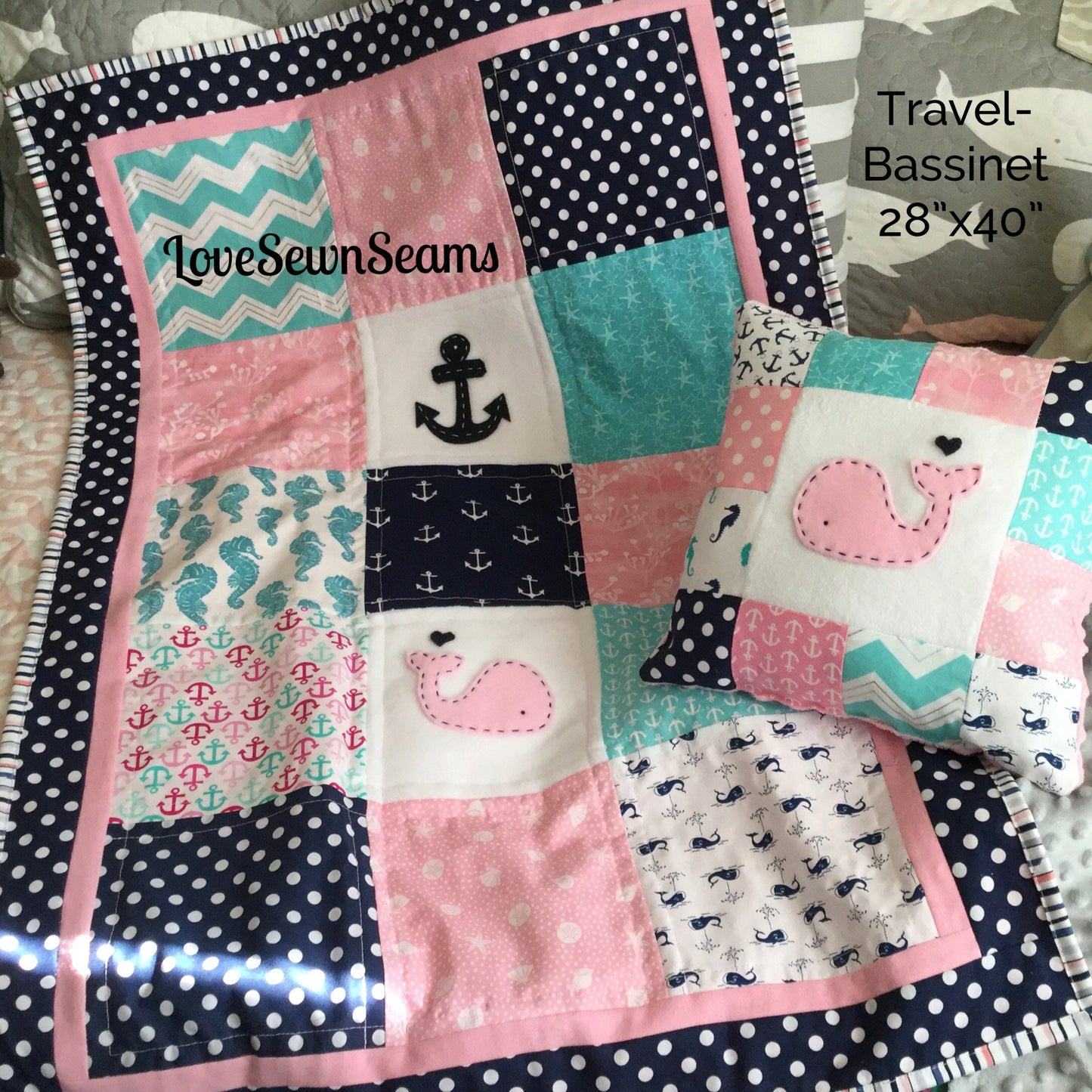 Pink Navy Aqua Nautical Quilt/Nautical Baby quilt/Seahorse/Nautical crib guard/Coastal quilt