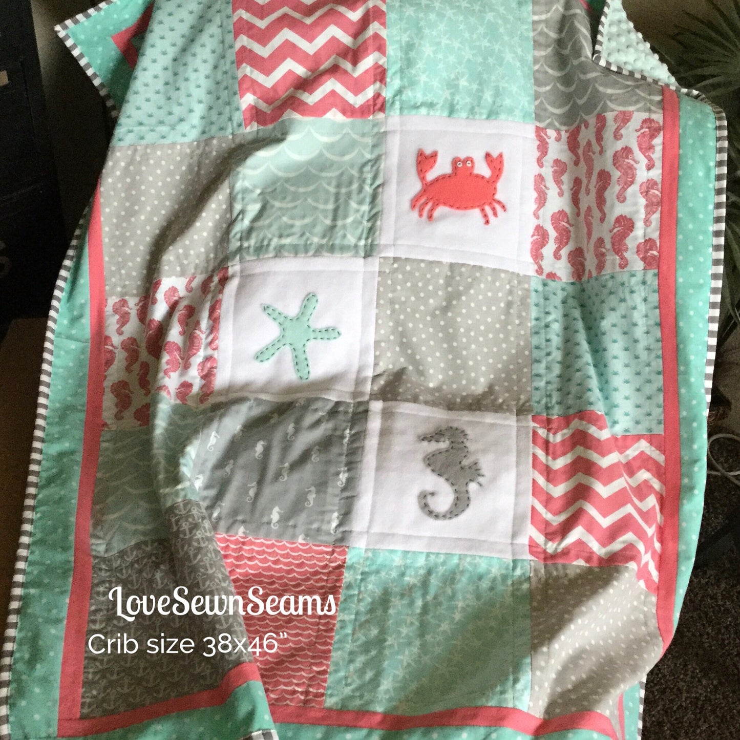 MADE TO Order/Seashore baby Quilt/MODERN Baby quilt/Seahorse/Crab/Starfish/Lovey/Made to order