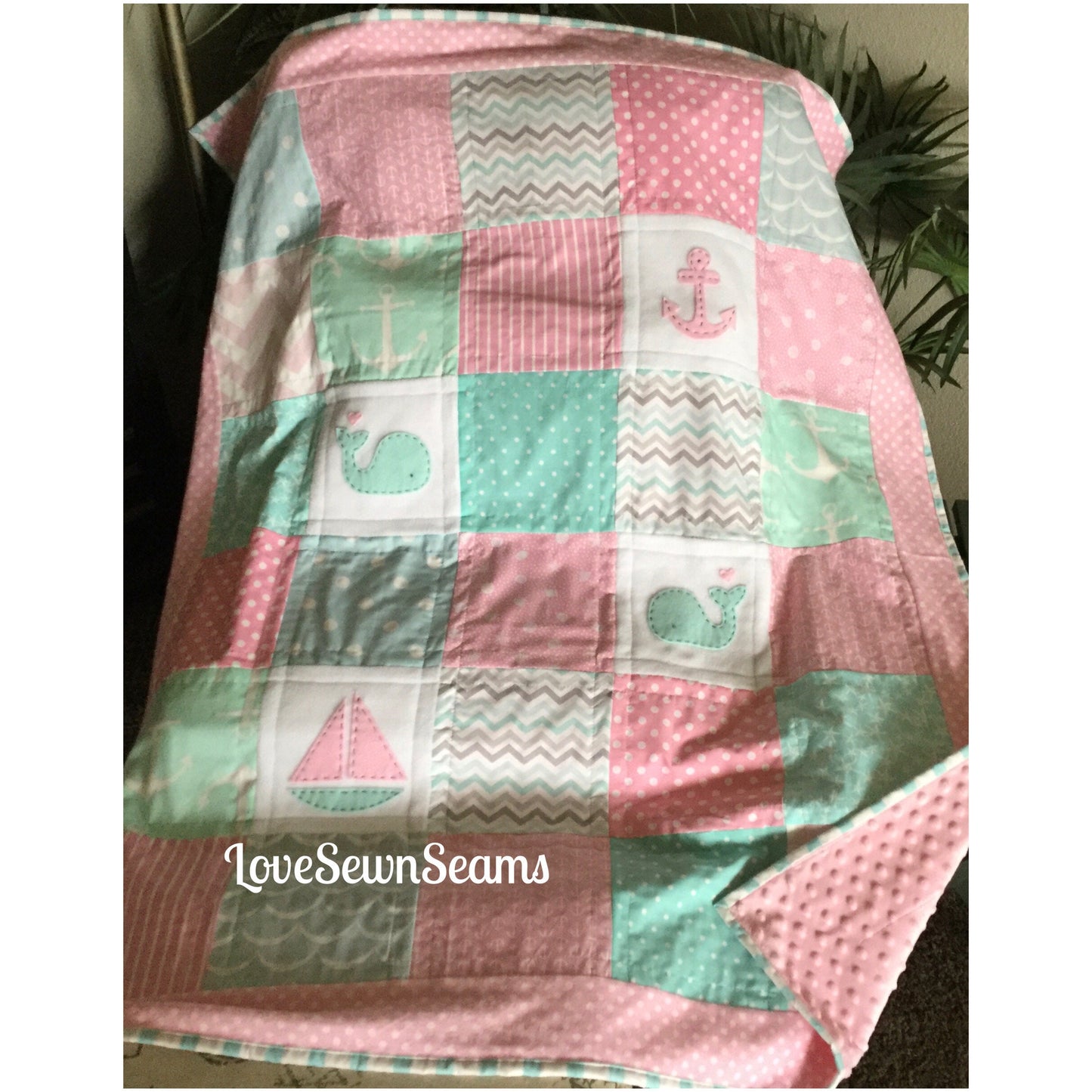 Coastal quilt/Mint and pink quilt/Ocean quilt/handmade quilt