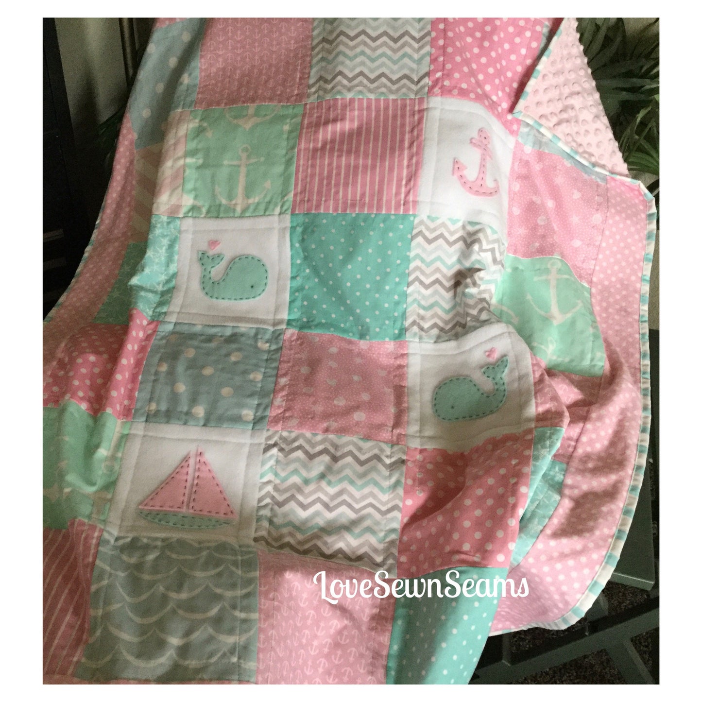 Coastal quilt/Mint and pink quilt/Ocean quilt/handmade quilt