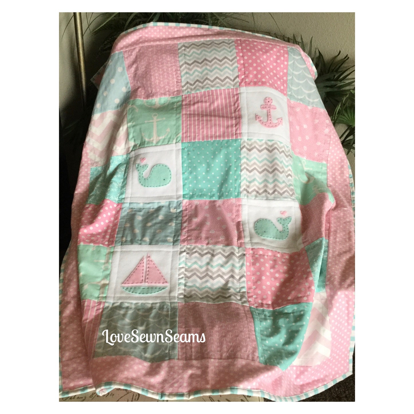 Coastal quilt/Mint and pink quilt/Ocean quilt/handmade quilt