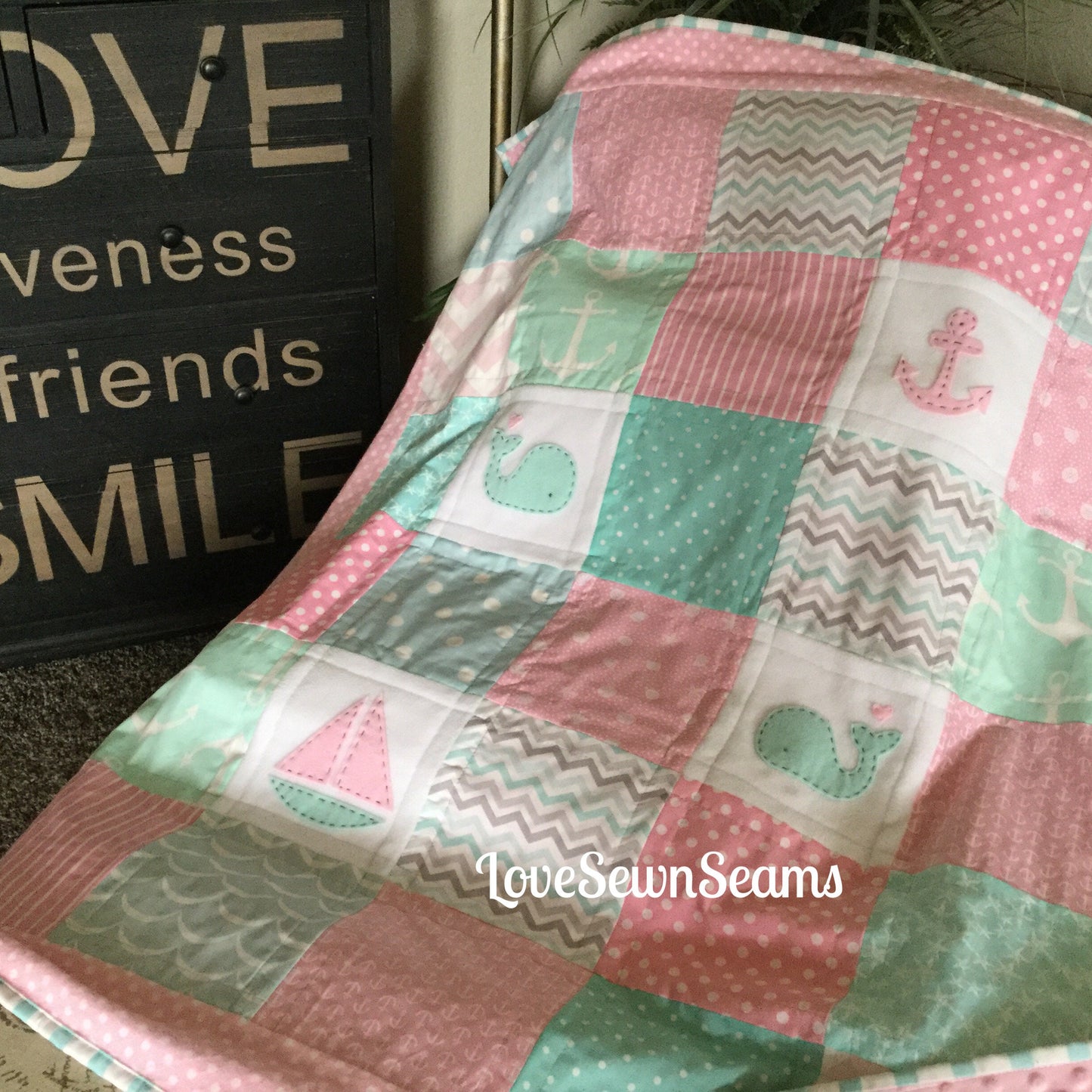 Coastal quilt/Mint and pink quilt/Ocean quilt/handmade quilt