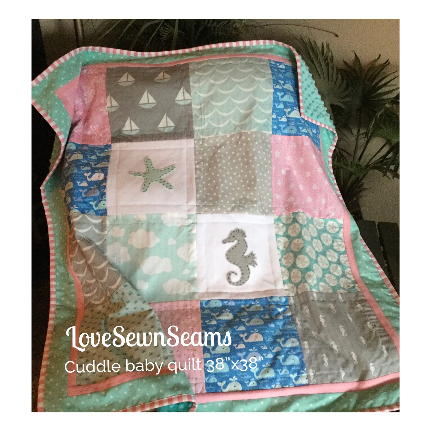 COASTAL QUILT/Seaside quilt or lovey/Nautical quilt/Beach quilt/ Baby girl quilt/Minky quilt