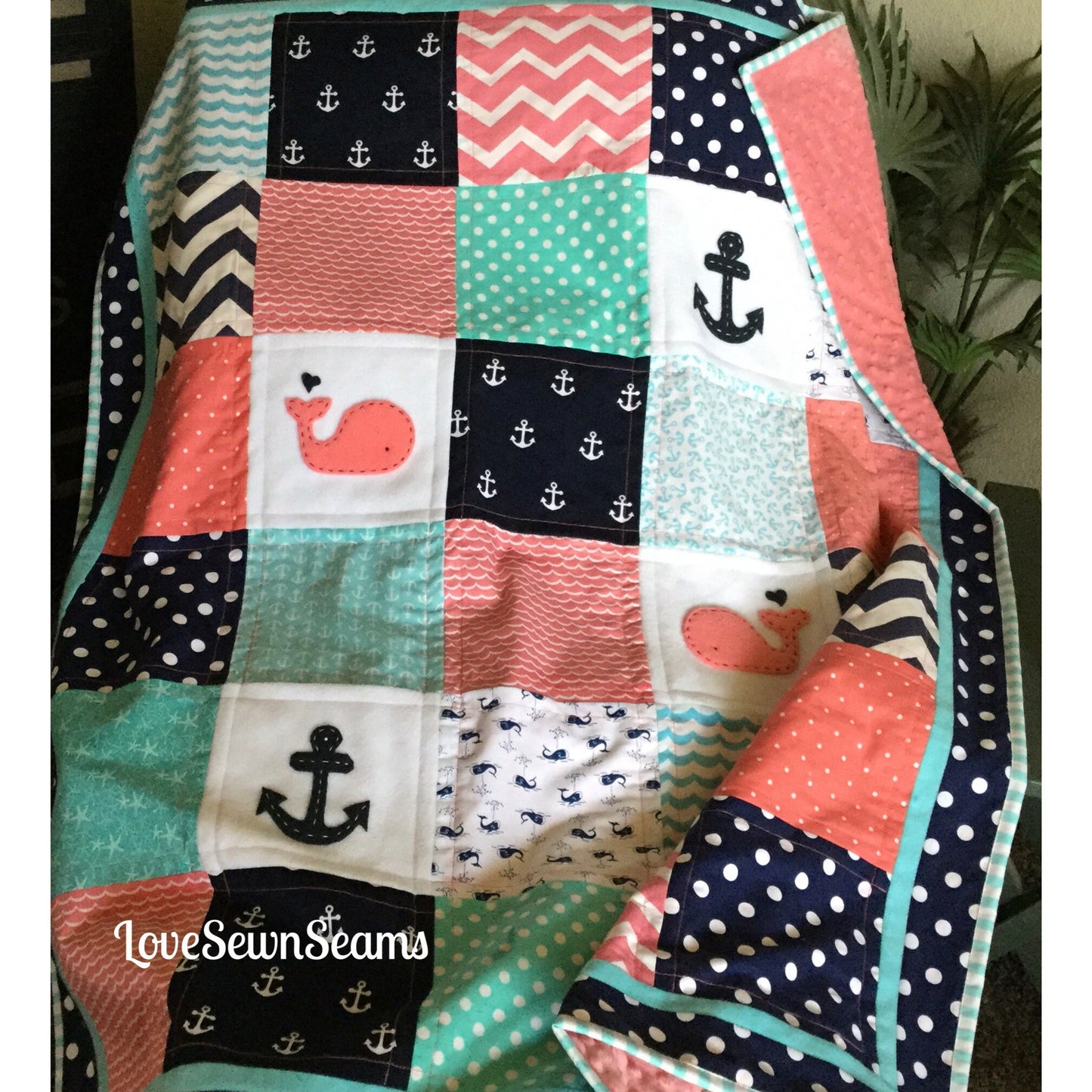 MADE TO ORDER/Nautical Quilt/Coral and Navy quilt/Baby quilt/Handmade quilt