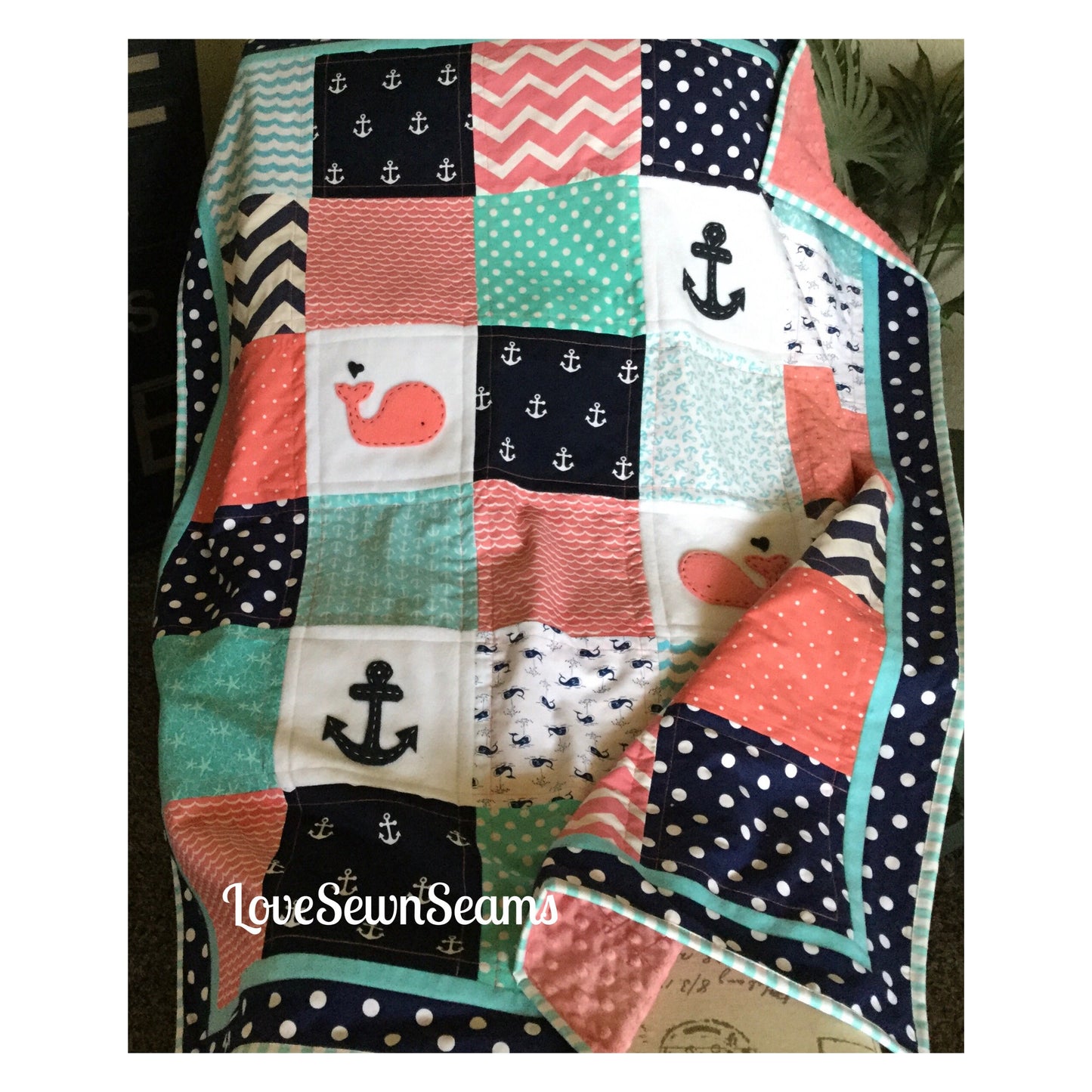 MADE TO ORDER/Nautical Quilt/Coral and Navy quilt/Baby quilt/Handmade quilt