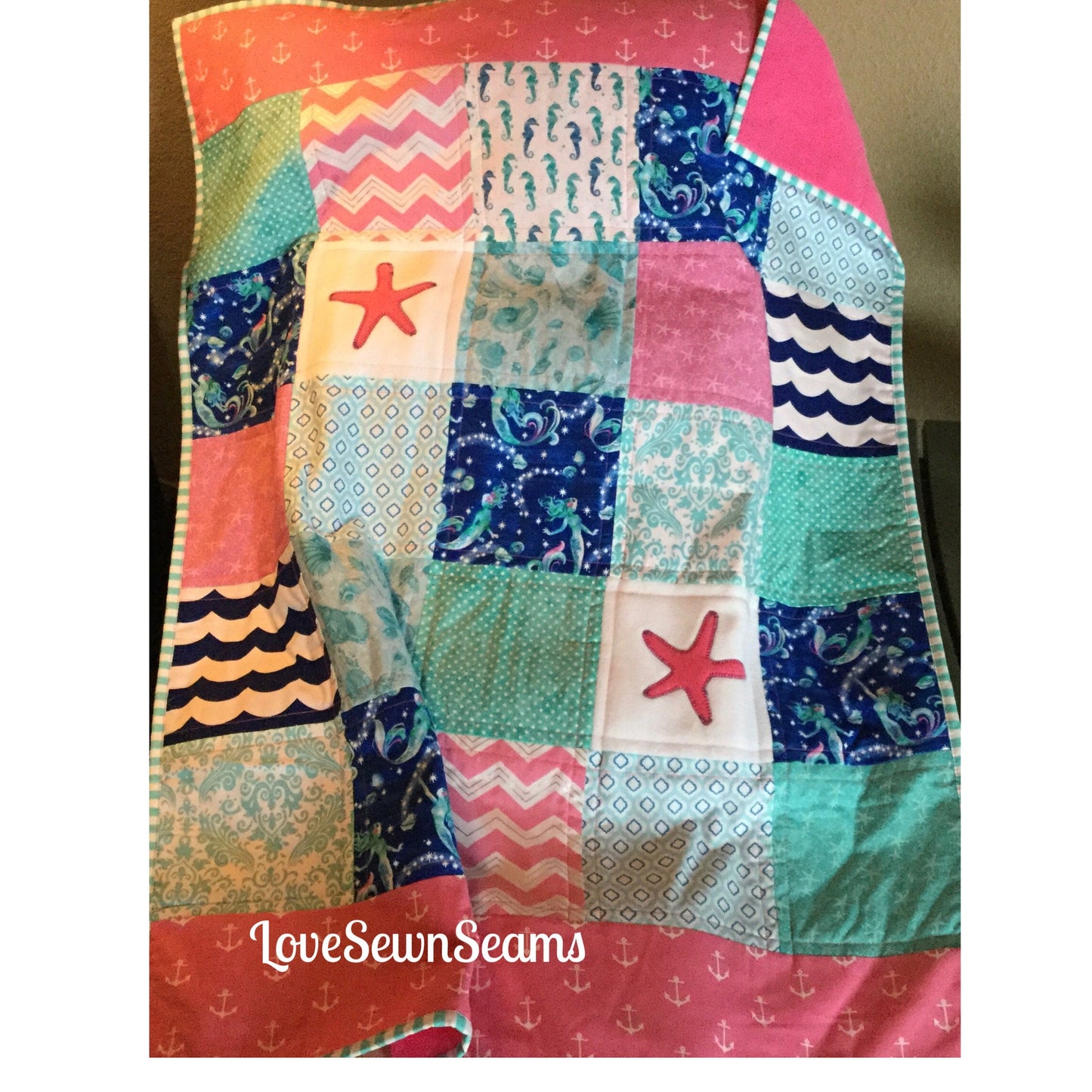 SHIPS NOW/MERMAID Quilt/Starfish baby quilt/Mermaid Nursery/Starfish kisses/Mermaid