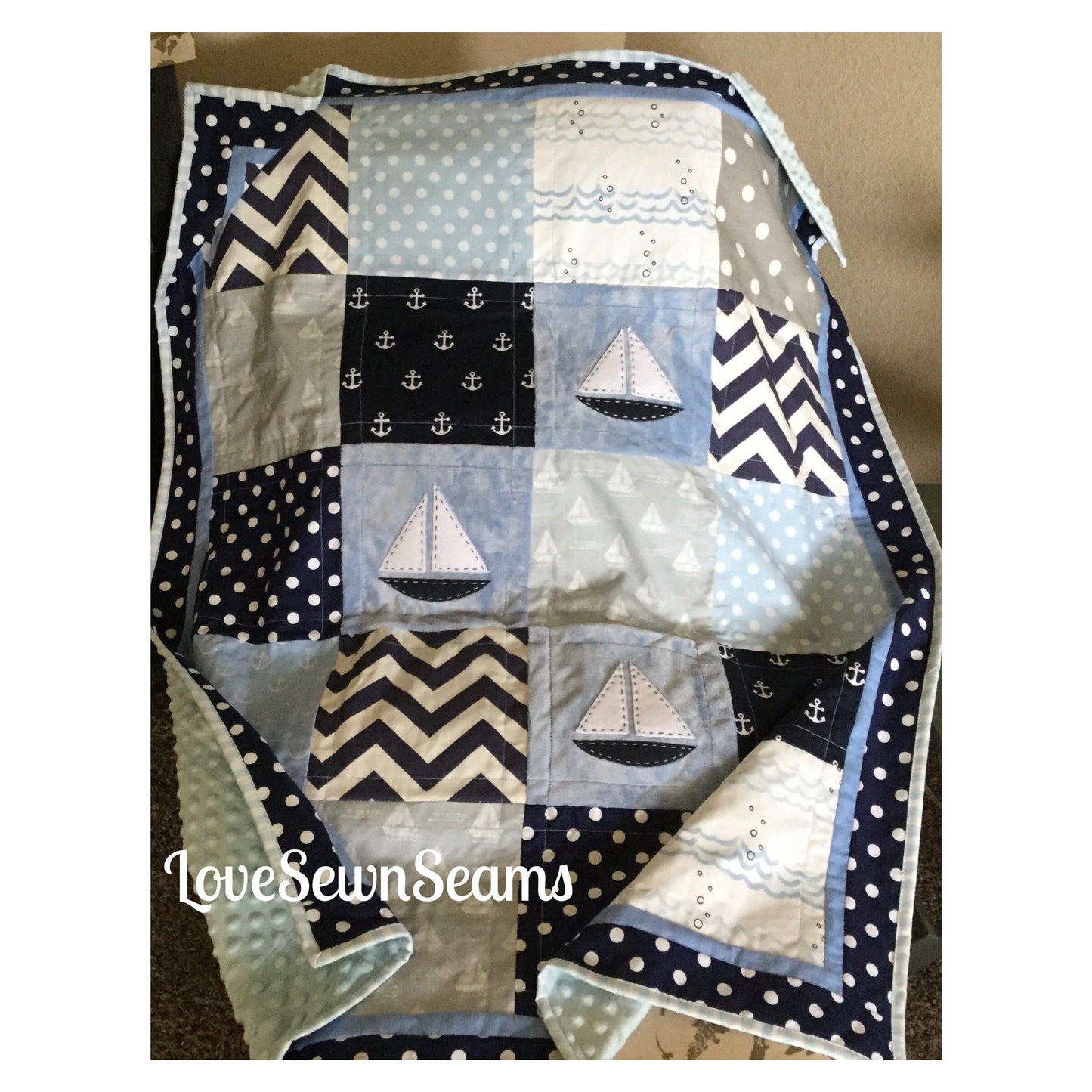 MADE TO ORDER/Sailing quilt/Nautical quilt/Modern baby quilt/Nautical Lovey/Ocean Blue Sail Away
