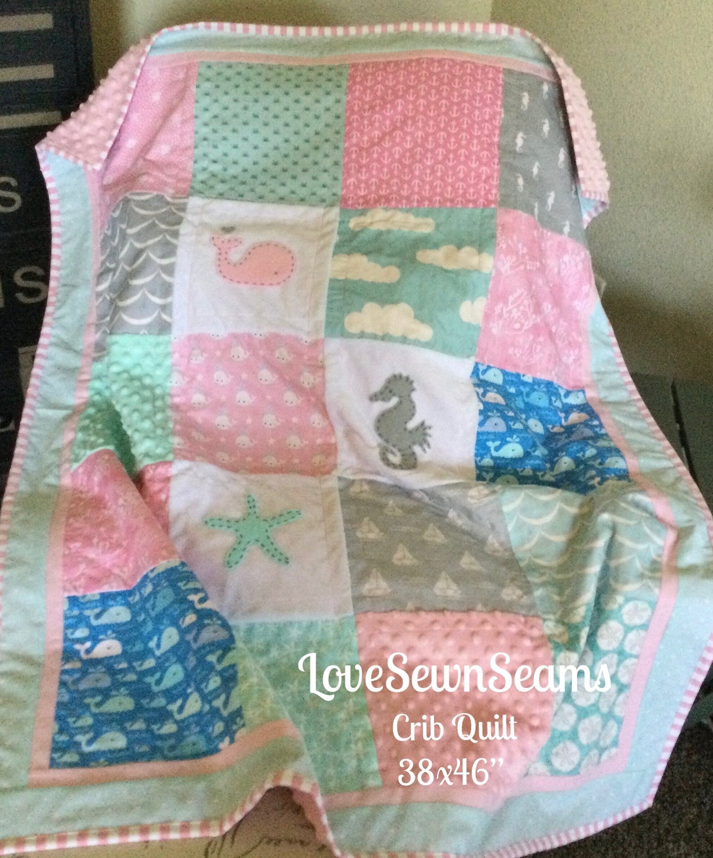 COASTAL QUILT/Seaside quilt or lovey/Nautical quilt/Beach quilt/ Baby girl quilt/Minky quilt
