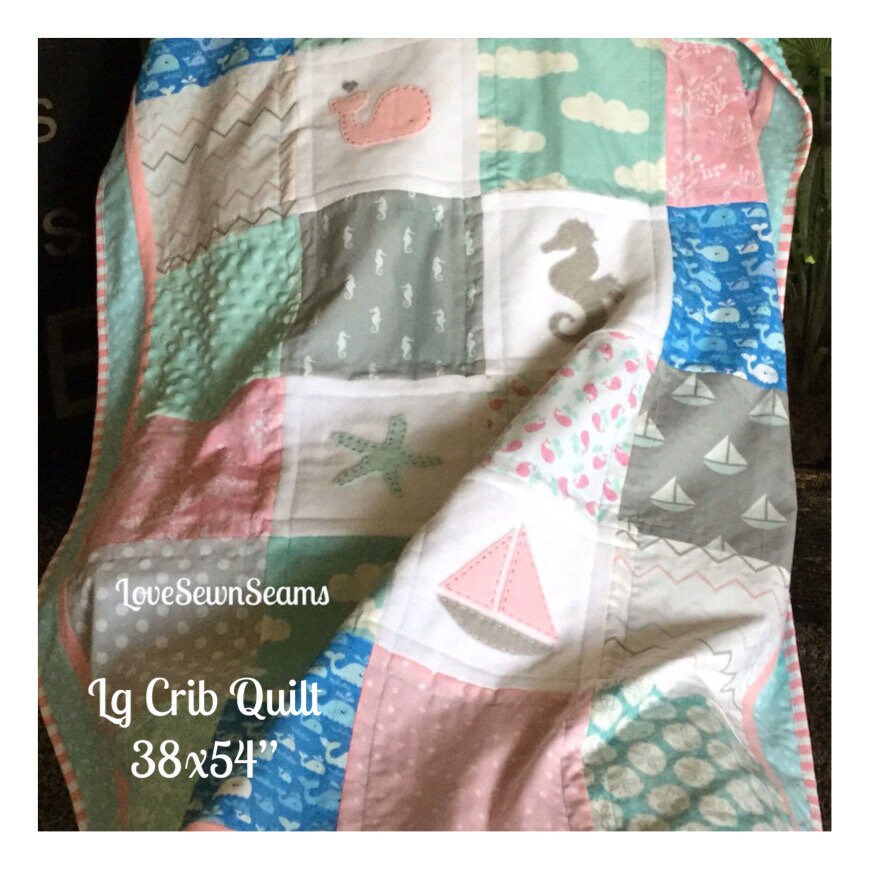 COASTAL QUILT/Seaside quilt or lovey/Nautical quilt/Beach quilt/ Baby girl quilt/Minky quilt
