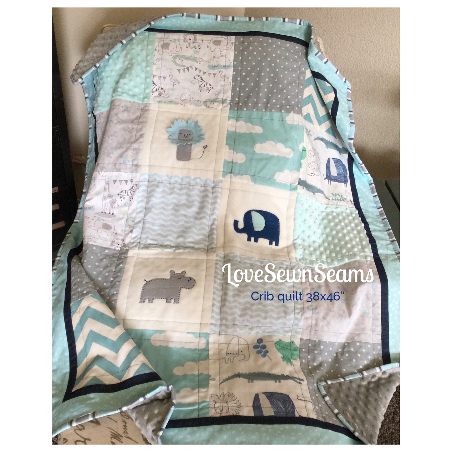 MADE TO ORDER/Adorable/Animal quilt/Animal Lovey/Elephant quilt/Hippo Quilt/Jungle animals/Baby quilt/Neutral baby quilt/Also Matching items