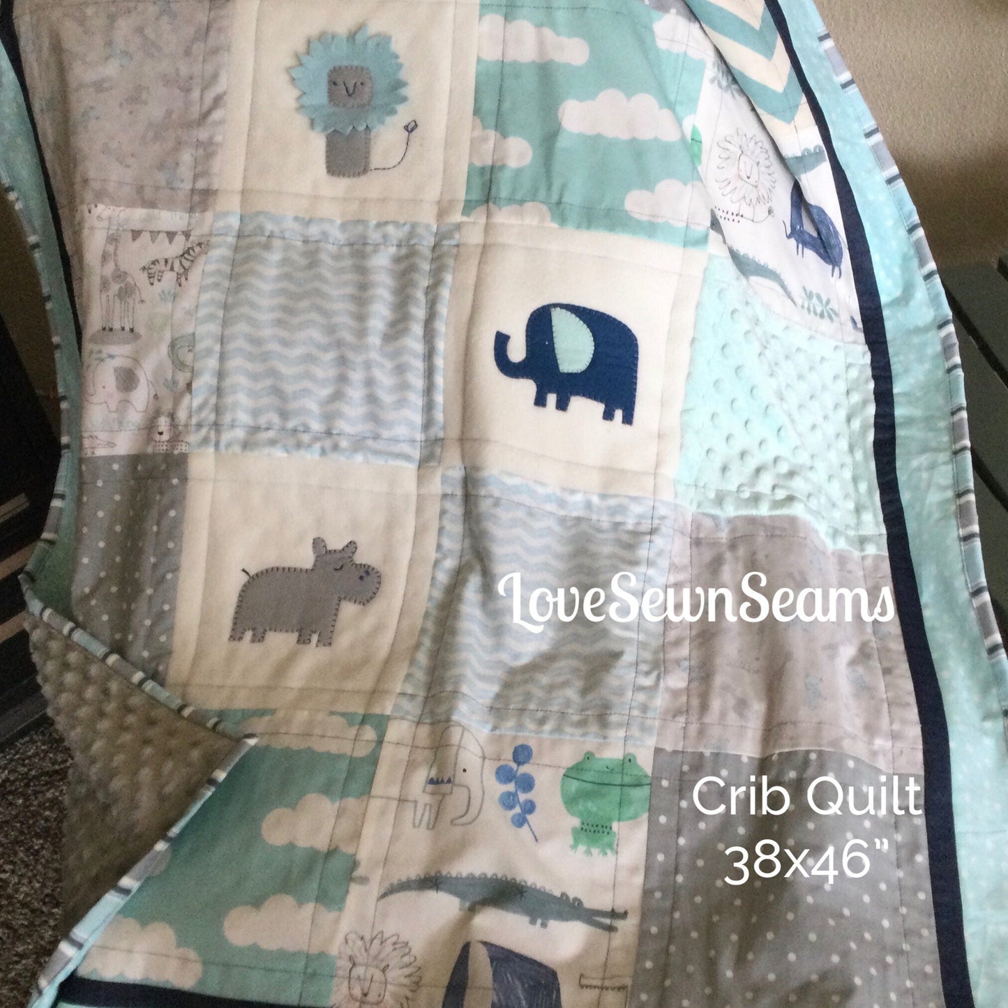 MADE TO ORDER/Adorable/Animal quilt/Animal Lovey/Elephant quilt/Hippo Quilt/Jungle animals/Baby quilt/Neutral baby quilt/Also Matching items
