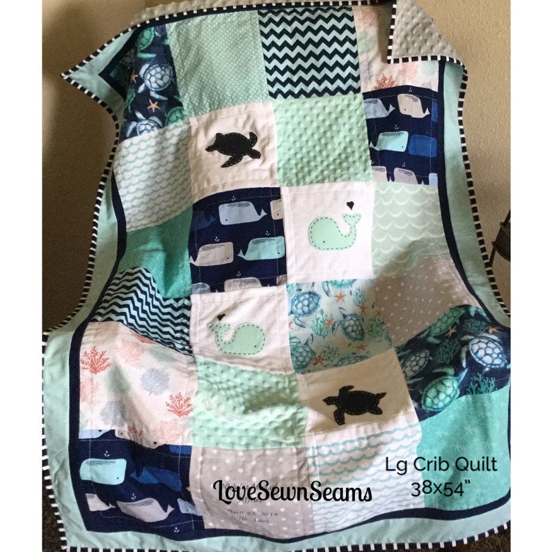 MADE TO ORDER/Sea Turtle quilt/Navy and Mint Sea Turtle baby quilt/Modern Baby quilt/Handmade quilt/Sea turtle and whale quilt