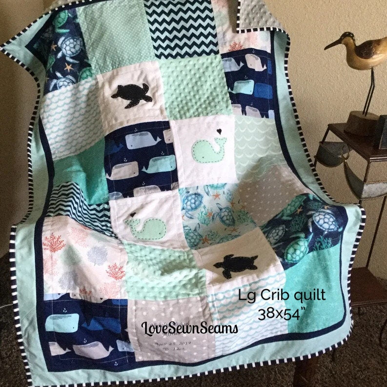 MADE TO ORDER/Sea Turtle quilt/Navy and Mint Sea Turtle baby quilt/Modern Baby quilt/Handmade quilt/Sea turtle and whale quilt