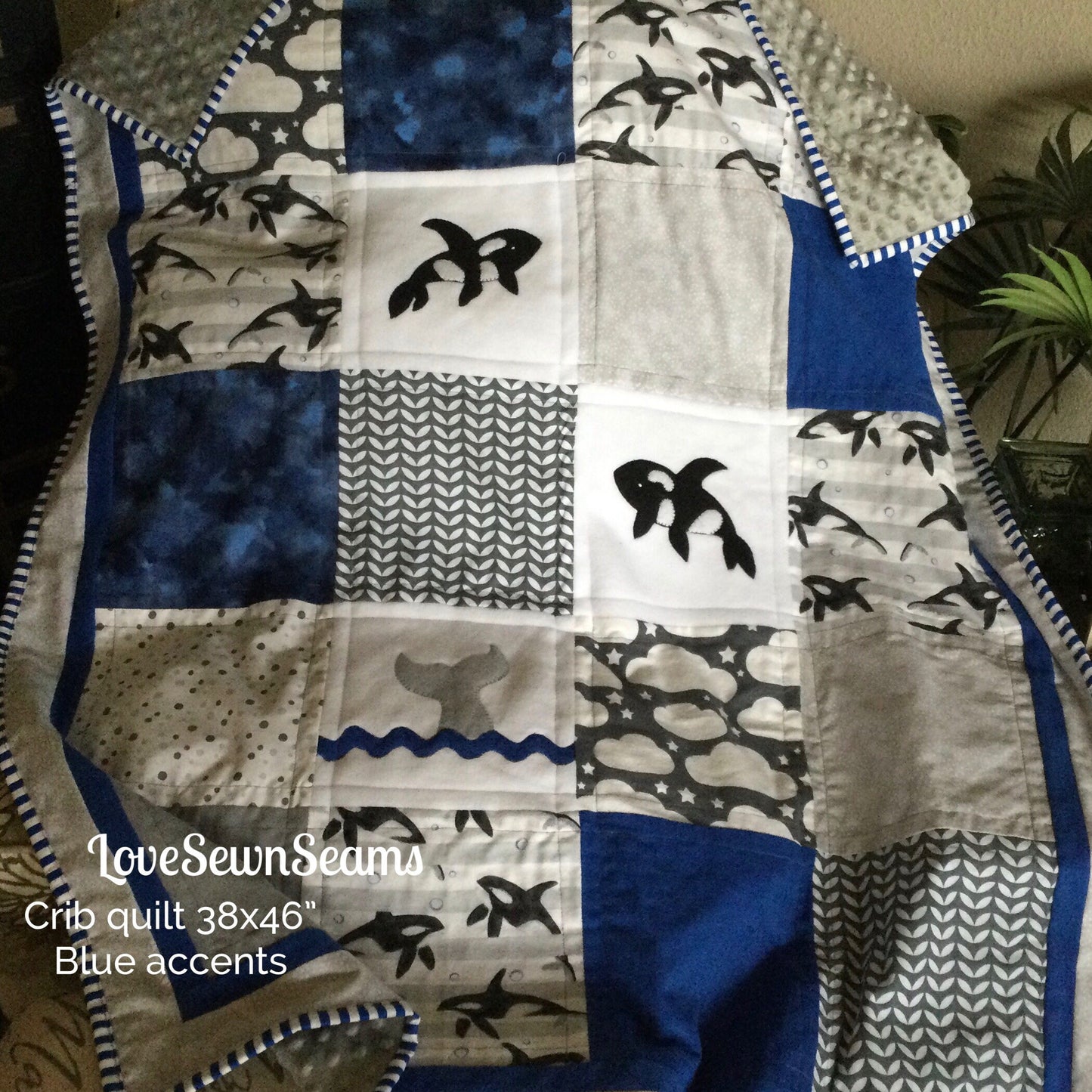 Orca quilt/Choose your accent color/Orca Lovey/Orca baby quilt/Killer Whale Lovey/Whale quilt/Childs quilt