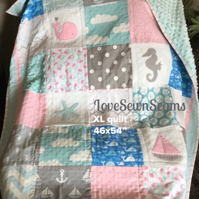SEASIDE quilt/MADE to ORDER/Nautical Quilt/Ocean quilt/Sea Life quilt/baby quilt/girls nautical quilt