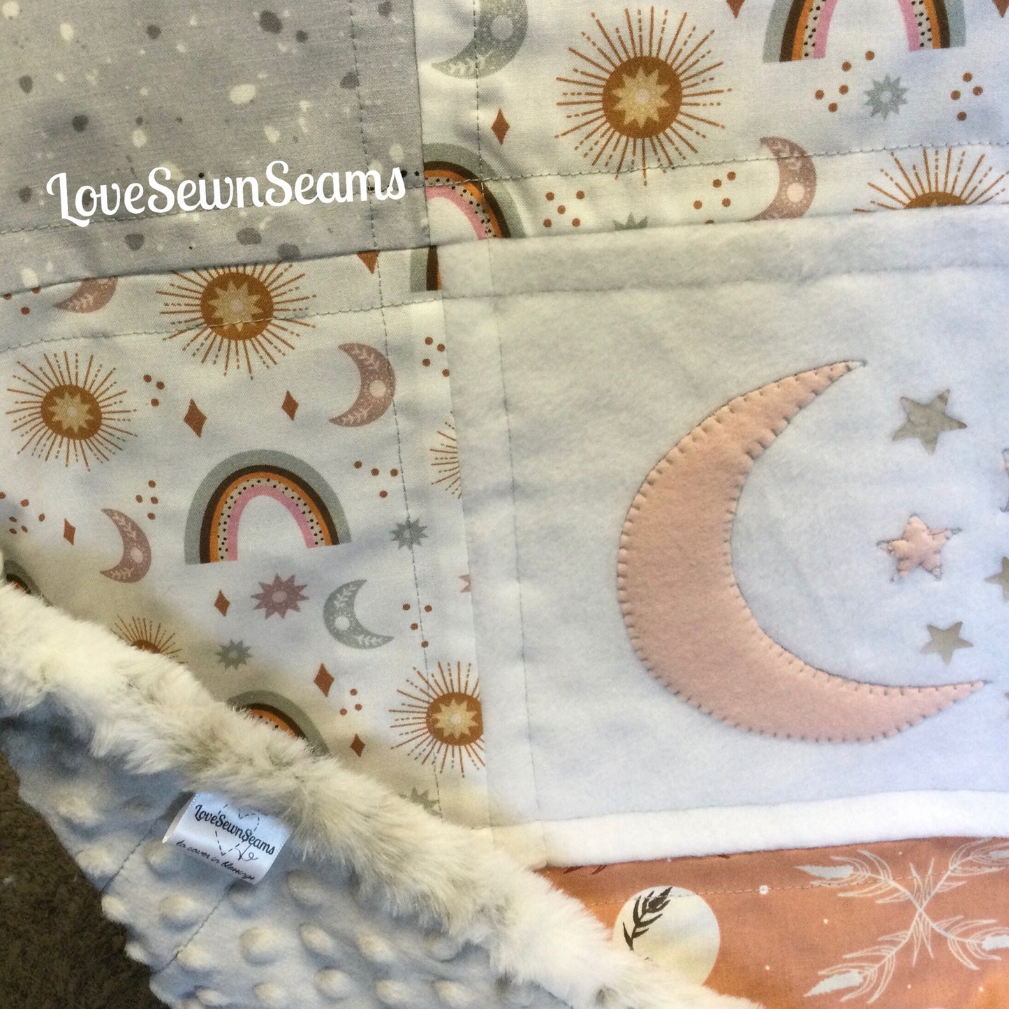 MADE TO ORDER/Moon lovey or quilt/Baby Lovey/security blanket/Rainbow quilt/Moon quilt/Moon baby quilt