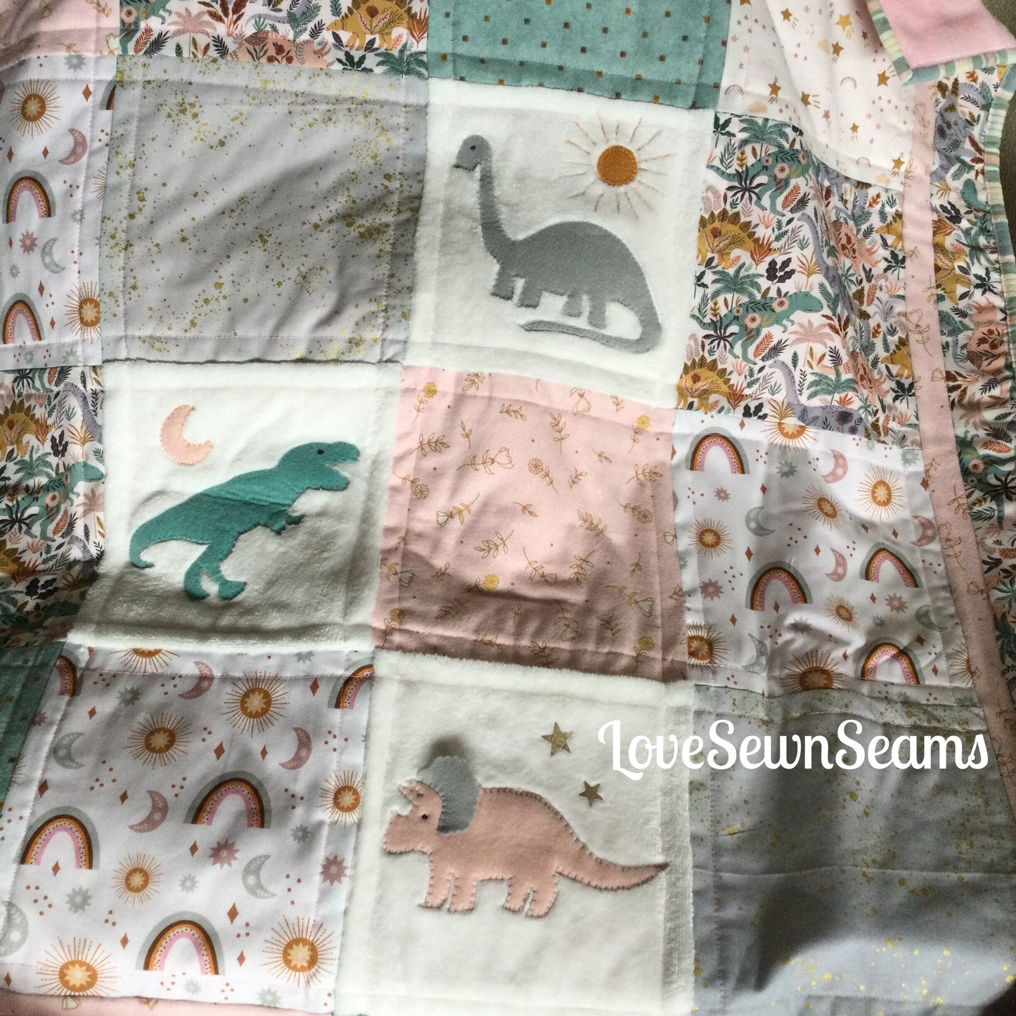 Girls Dinosaur quilt**Handmade /Cuddly Moon Quilt/Rainbow quilt/Made in USA