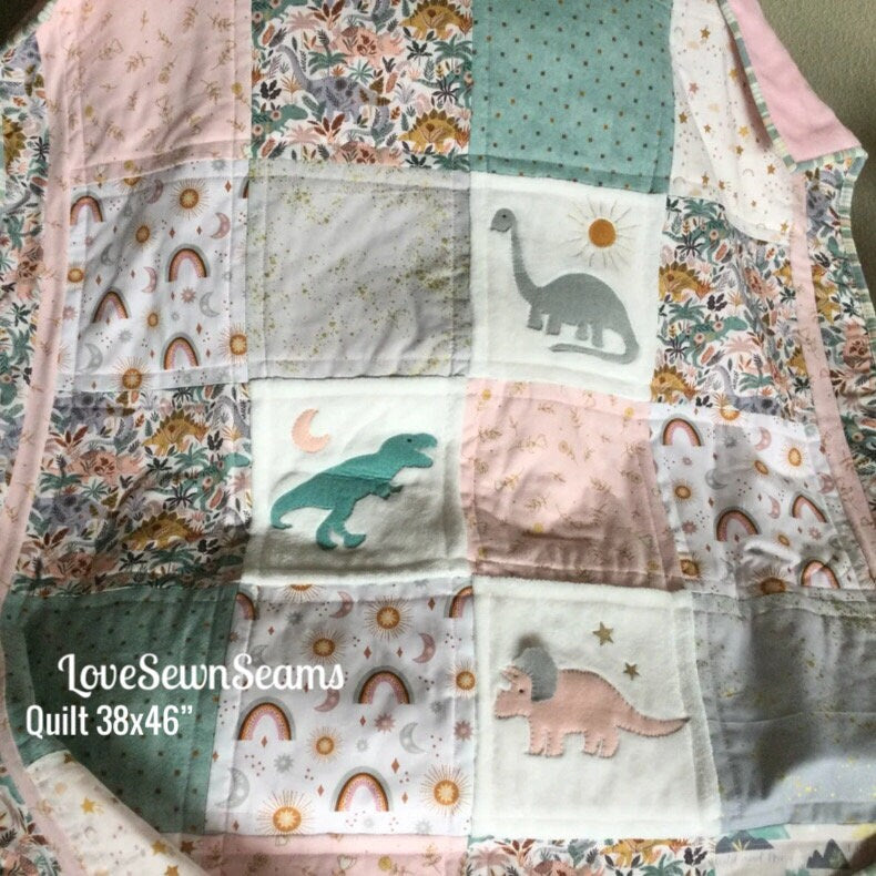 Girls Dinosaur quilt**Handmade /Cuddly Moon Quilt/Rainbow quilt/Made in USA