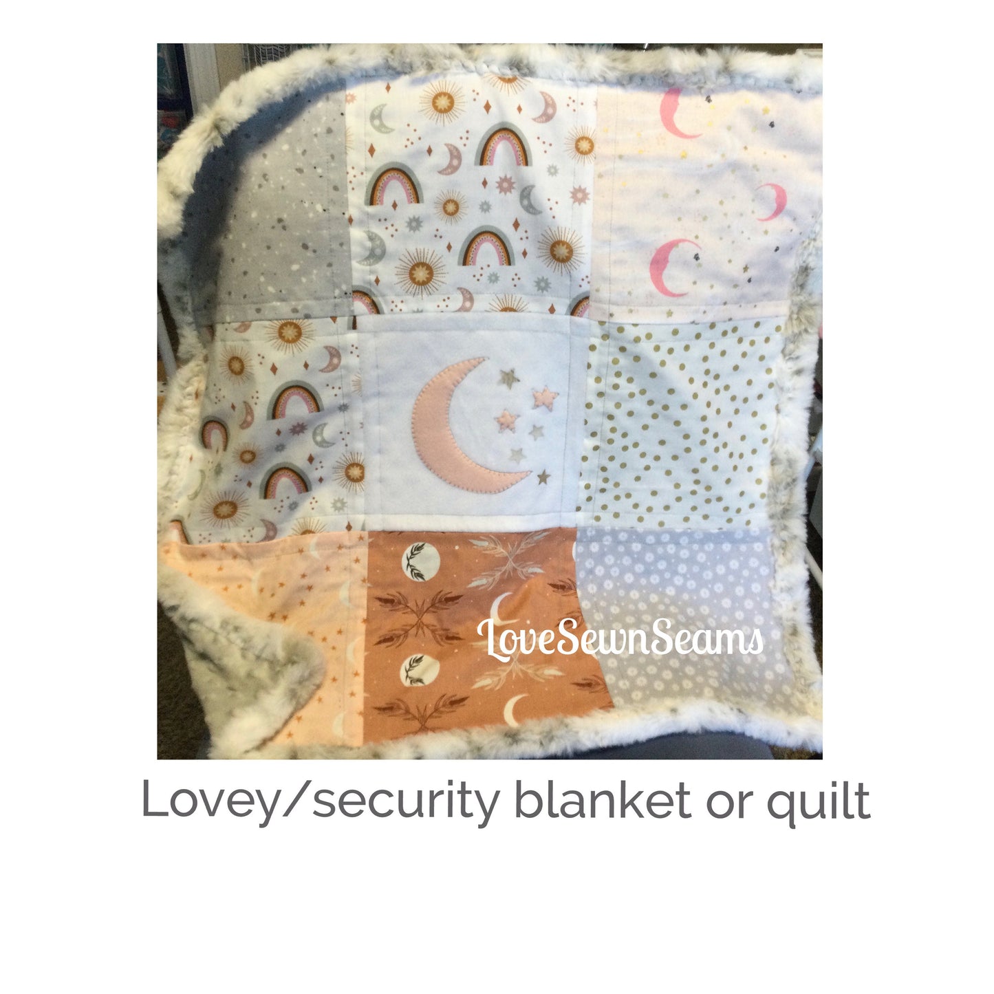 MADE TO ORDER/Moon lovey or quilt/Baby Lovey/security blanket/Rainbow quilt/Moon quilt/Moon baby quilt