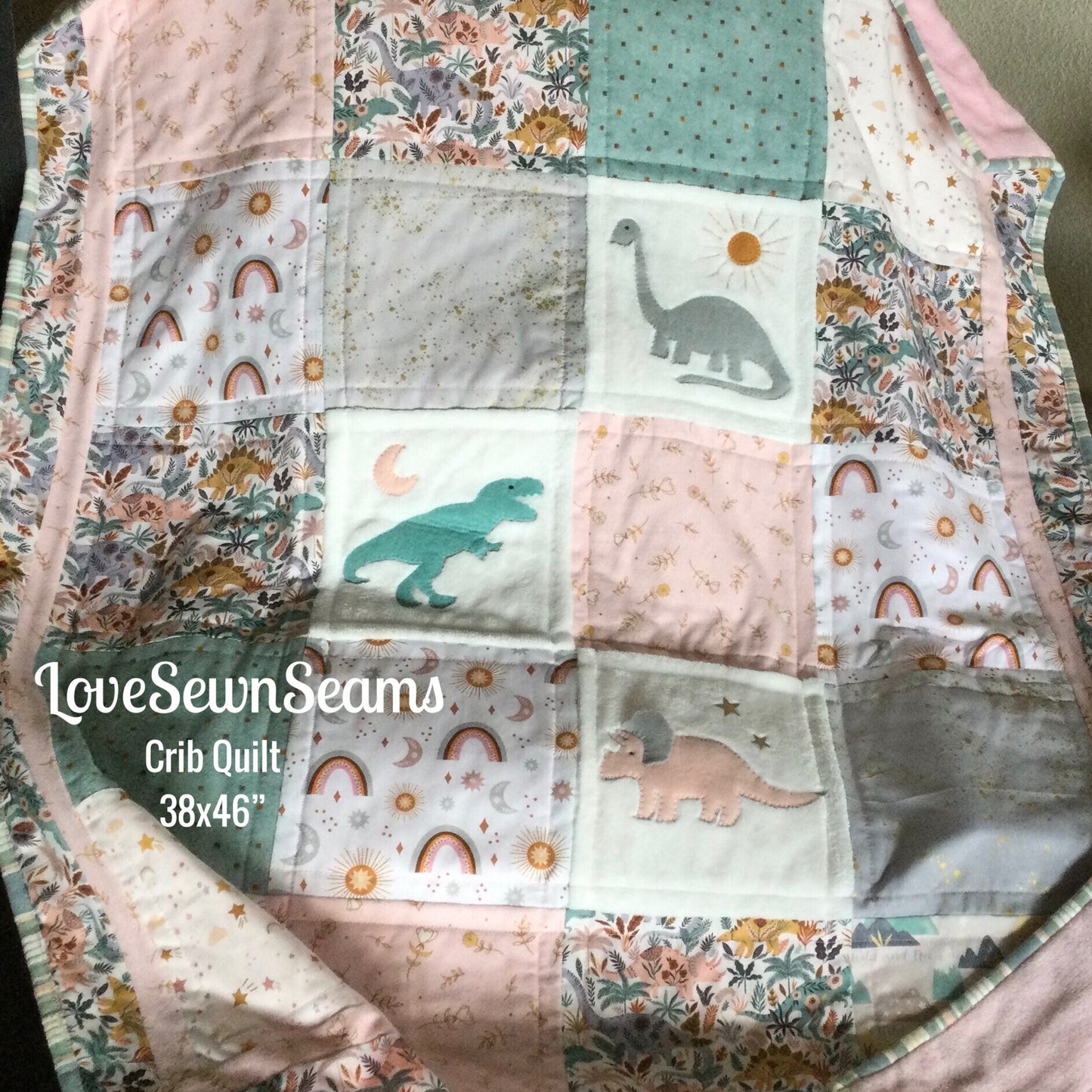 Girls Dinosaur quilt**Handmade /Cuddly Moon Quilt/Rainbow quilt/Made in USA