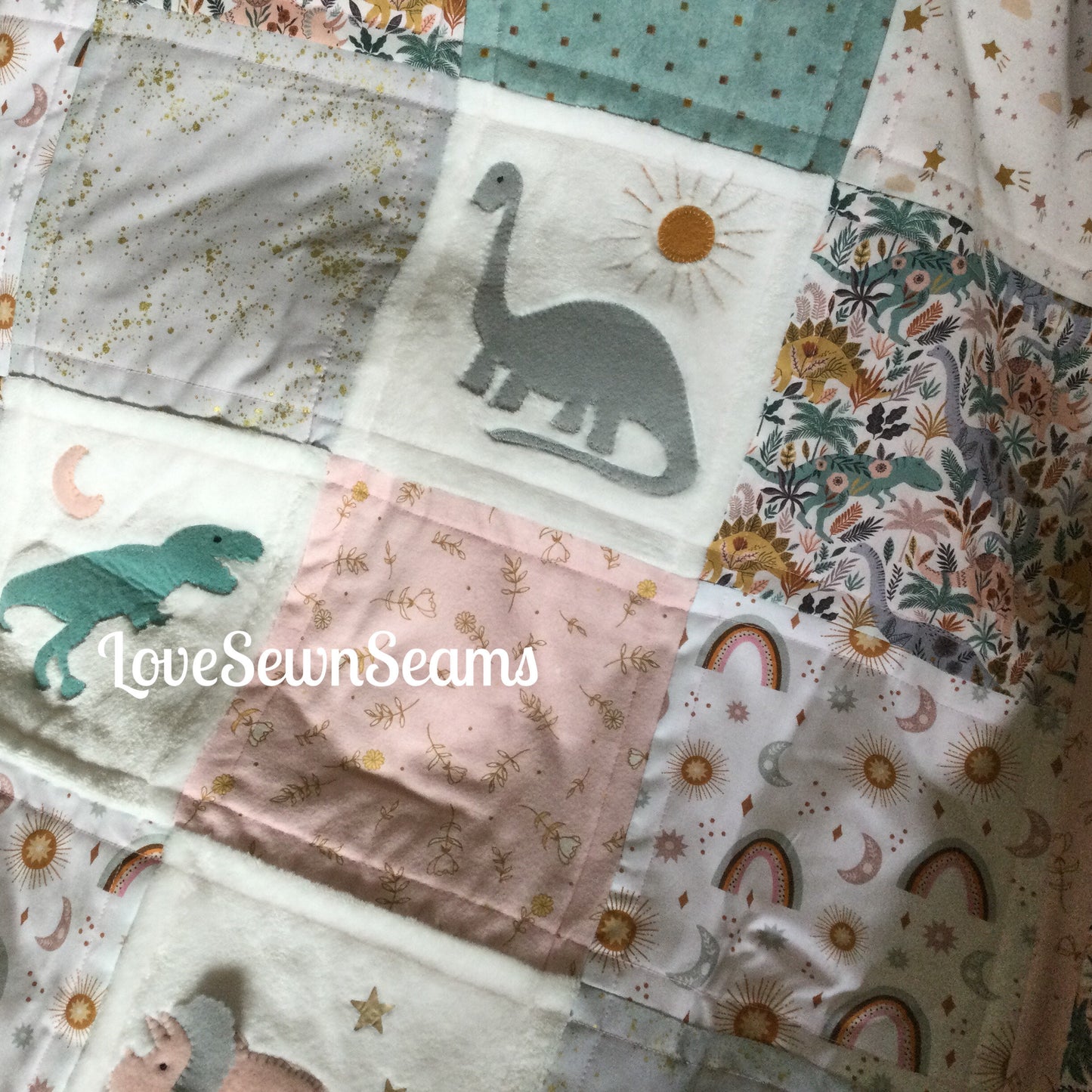 Girls Dinosaur quilt**Handmade /Cuddly Moon Quilt/Rainbow quilt/Made in USA