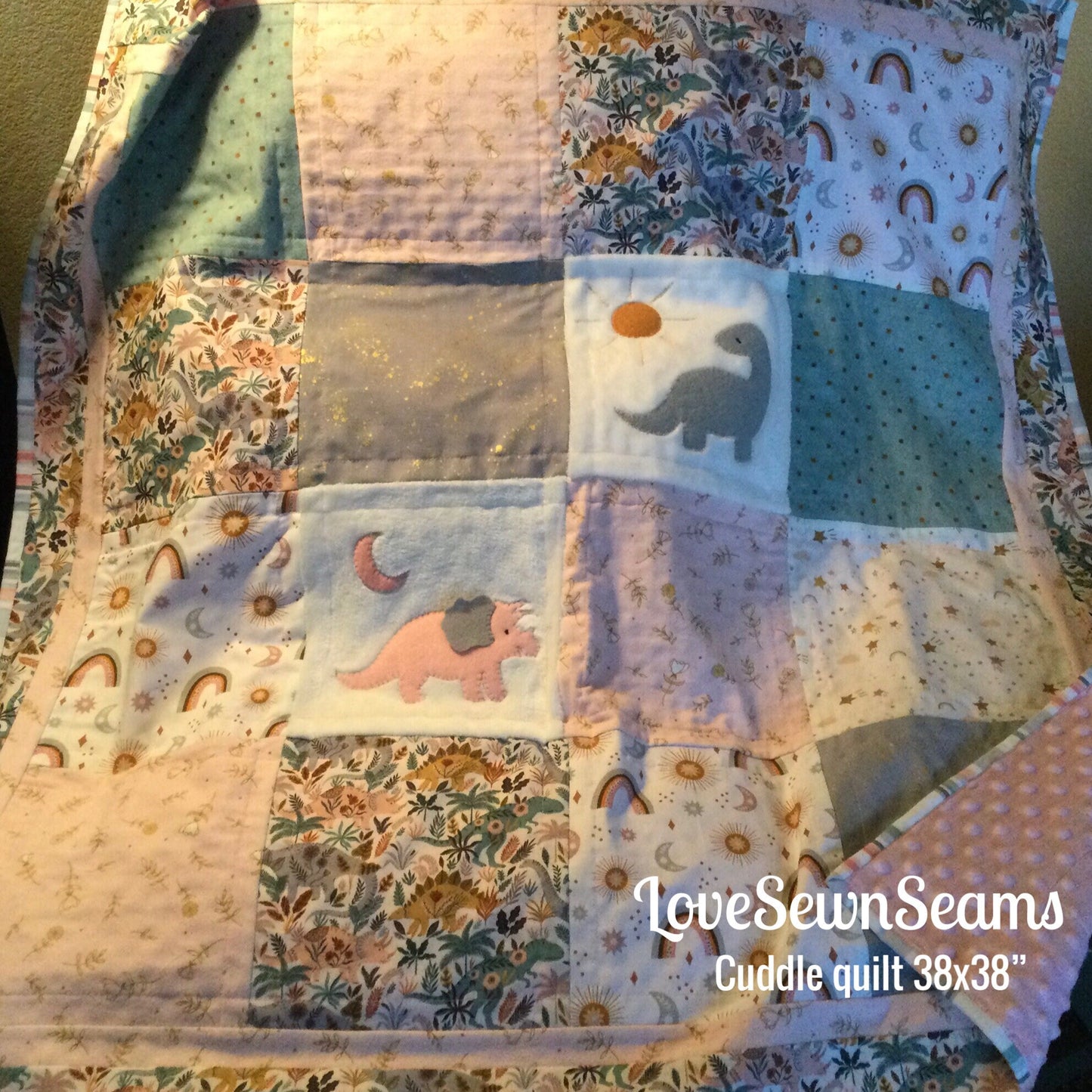Girls Dinosaur quilt**Handmade /Cuddly Moon Quilt/Rainbow quilt/Made in USA