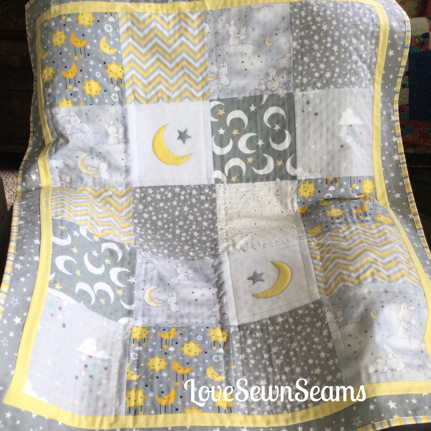 Moon and Star quilt/Neutral baby quilt/Handmade child quilt/Appliquéd quilt
