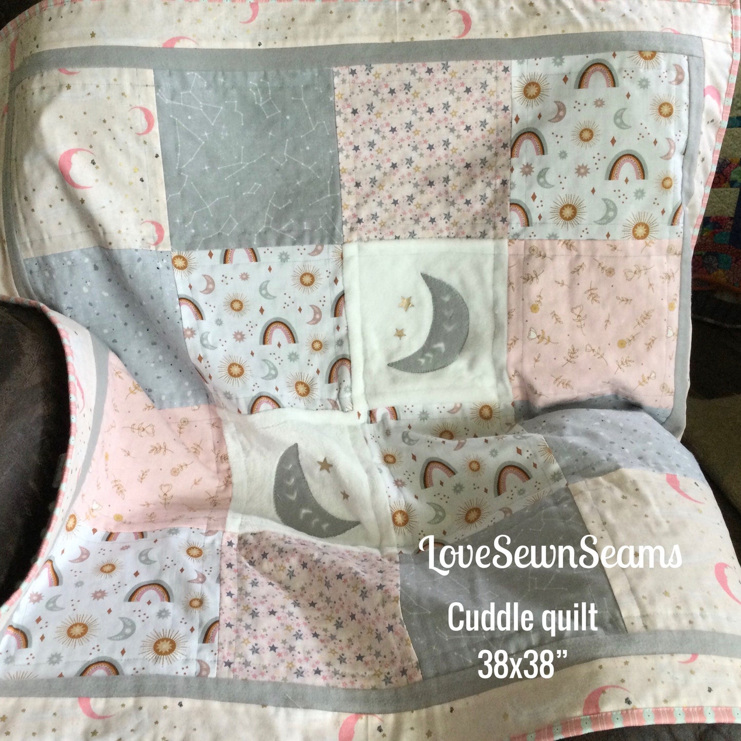 SHIPS NOW/Rainbow Boho style/Rainbow quilt/Moon and Star quilt/Celestial quilt/Beautiful muted tone quilt
