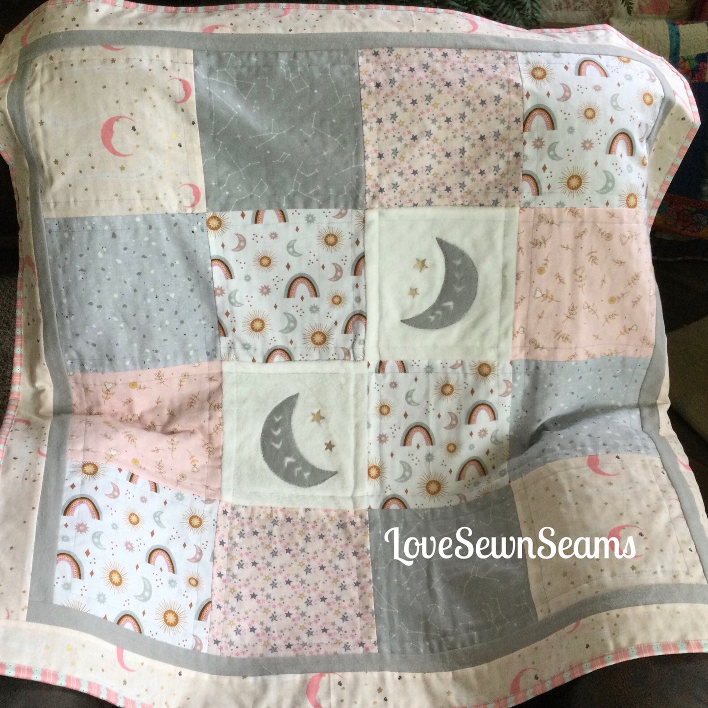 SHIPS NOW/Rainbow Boho style/Rainbow quilt/Moon and Star quilt/Celestial quilt/Beautiful muted tone quilt