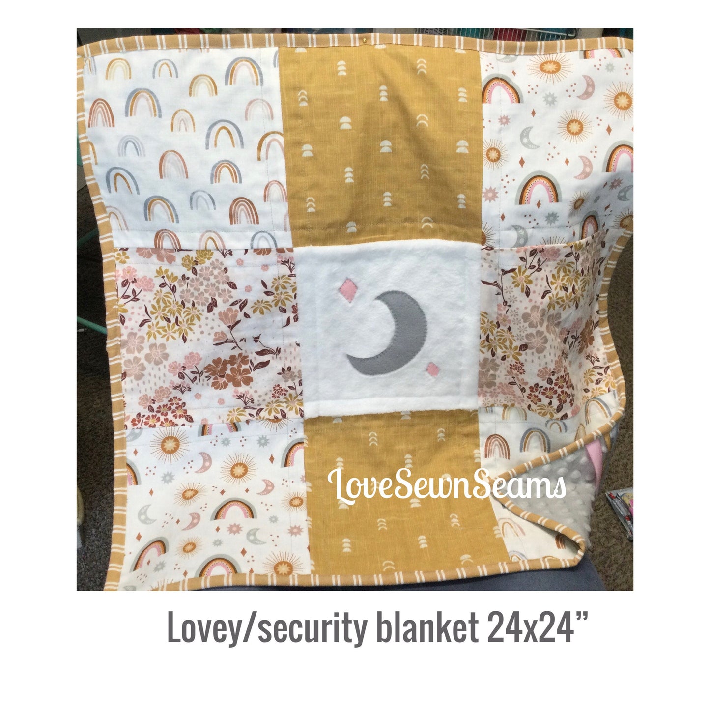 Rainbow Moon Quilt/Lovey/Security blanket/Muted Rainbow colors