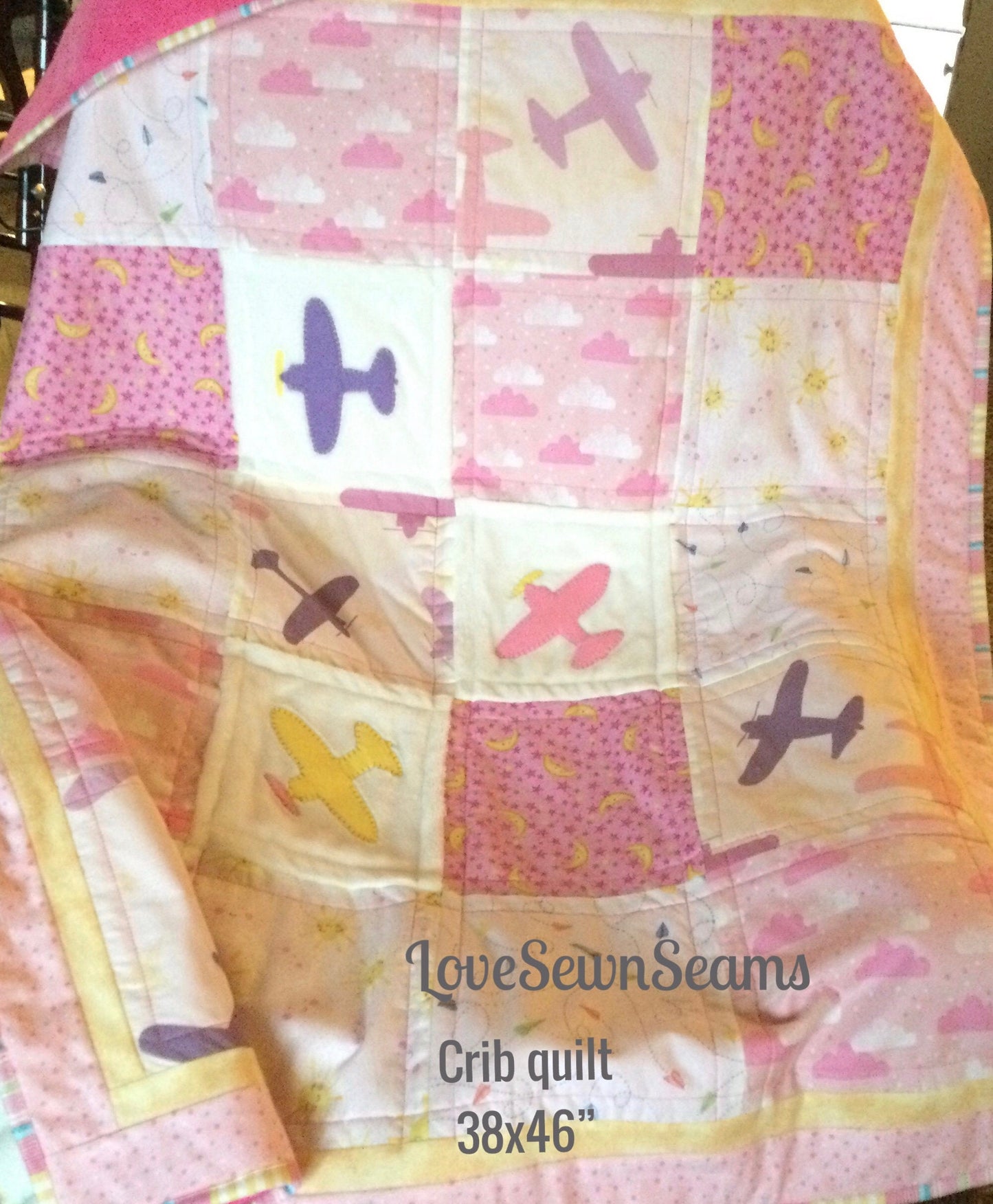 Airplane quilt/Childs quilt/Girls airplane quilt/pink and yellow quilt