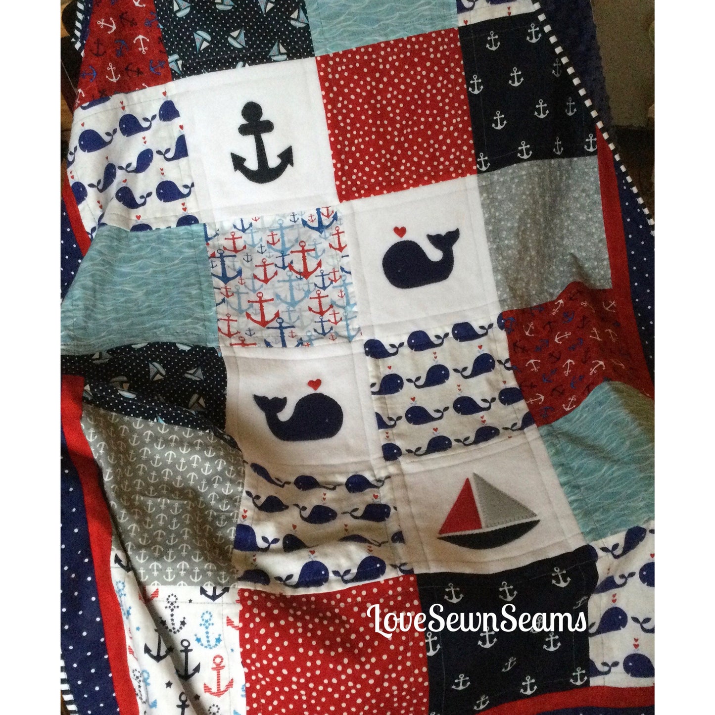 NAUTICAL BABY Quilt/COASTAL Baby blanket/Whale and anchor baby quilt/America quilt