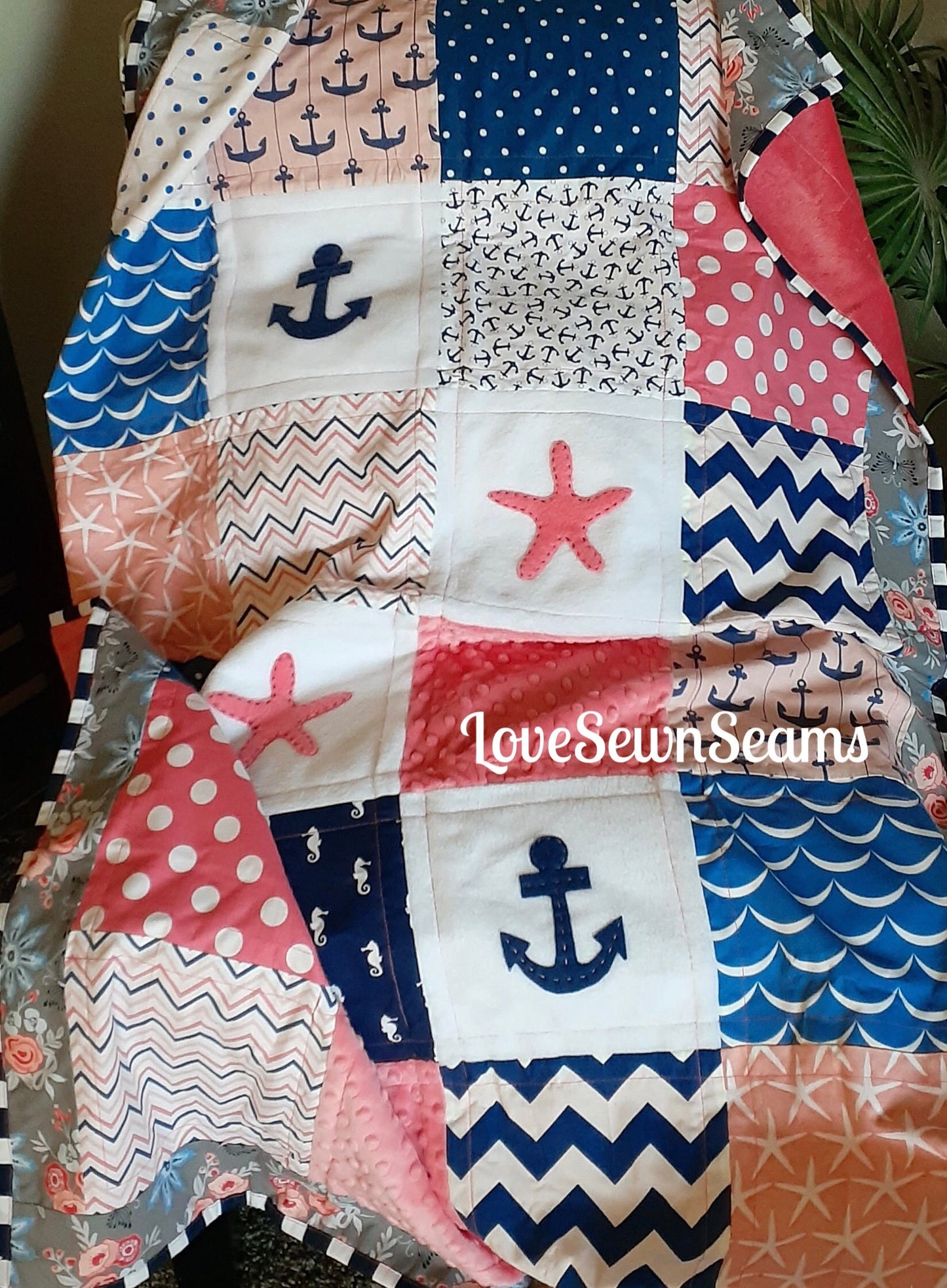 SHIPS NOW/Nautical quilt/Starfish quilt/Navy and Coral quilt/Modern baby quilt