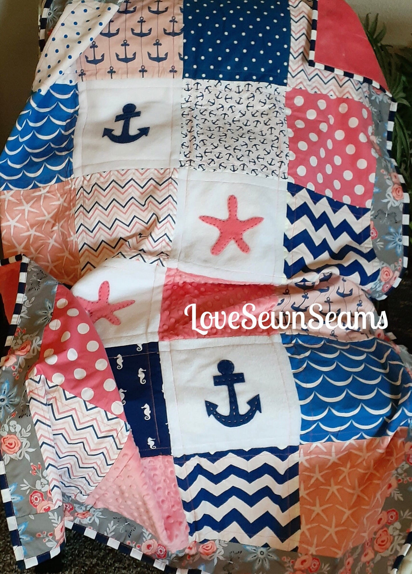 SHIPS NOW/Nautical quilt/Starfish quilt/Navy and Coral quilt/Modern baby quilt