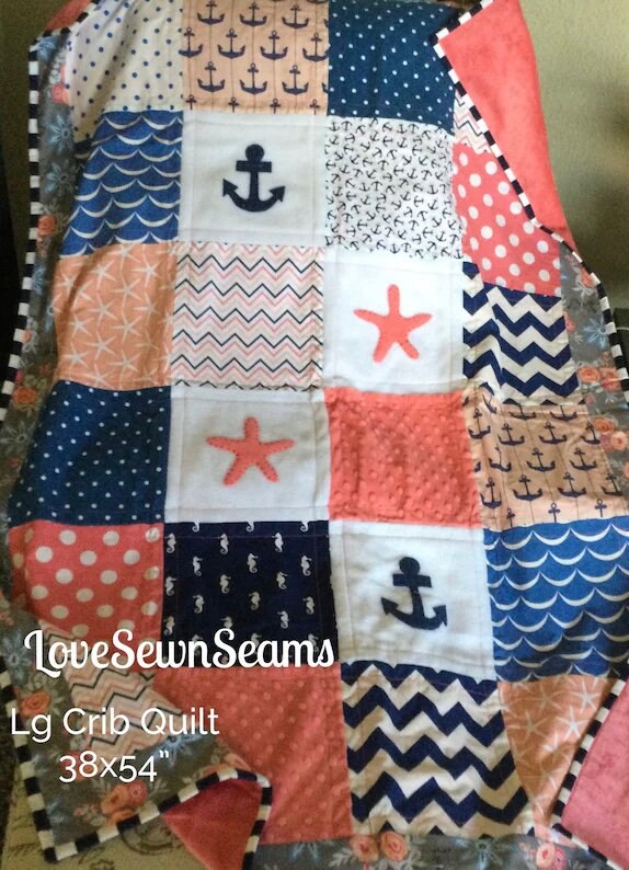 SHIPS NOW/Nautical quilt/Starfish quilt/Navy and Coral quilt/Modern baby quilt