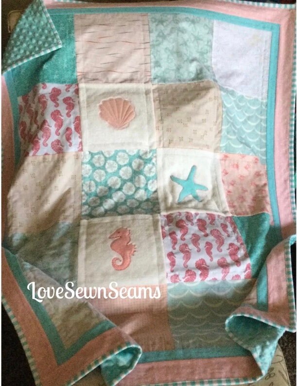 COASTAL QUILT/Nautical quilt/Blush, Coral and Light Teal quilt/Beach quilt/ Baby girl quilt/Minky quilt