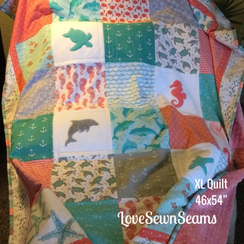 Ocean Life/Under Sea quilt/Coastal quilt/Dolphin quilt/Baby quilt/Sea Turtle quilt/Modern child’s quilt