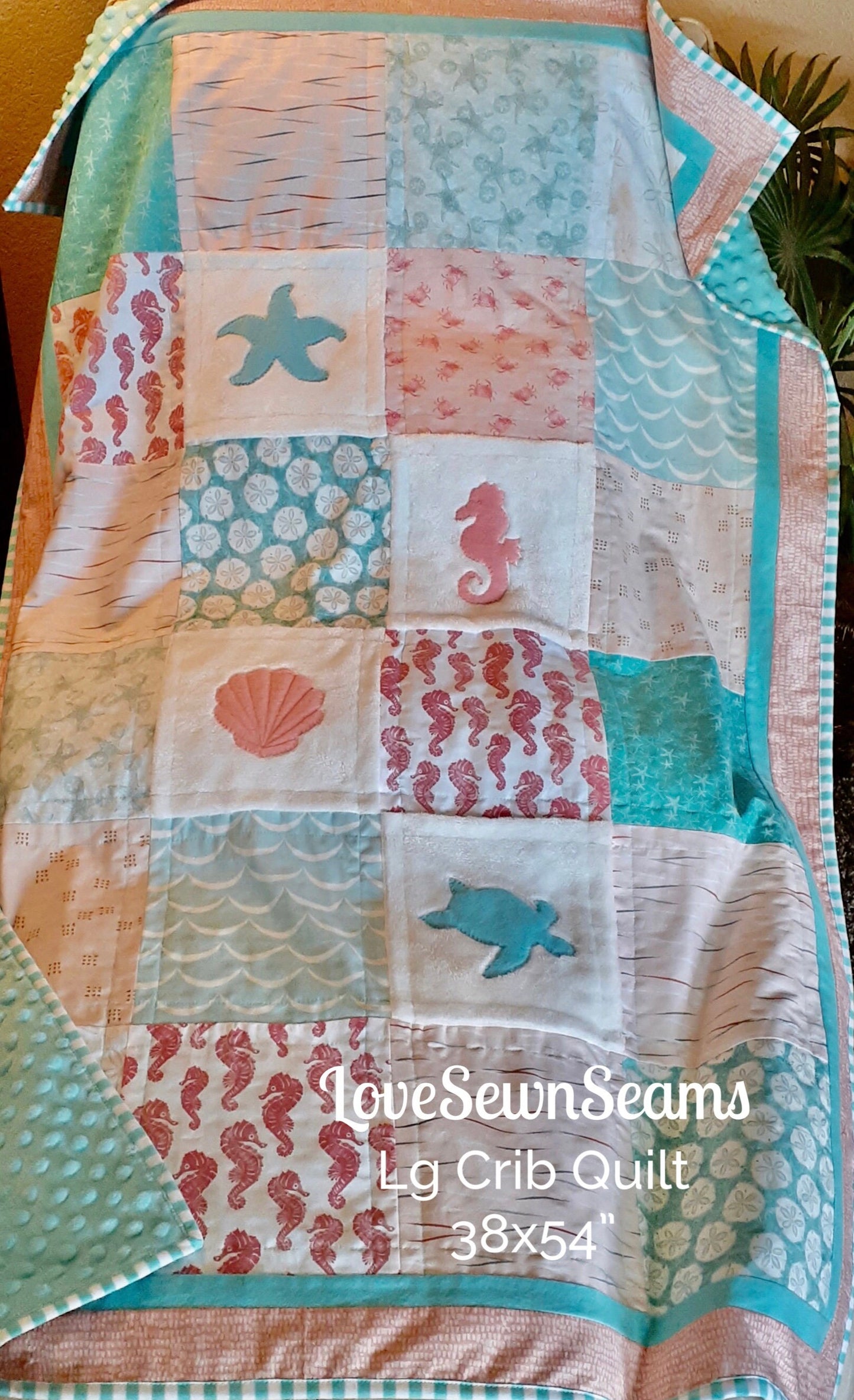 COASTAL QUILT/Nautical quilt/Blush, Coral and Light Teal quilt/Beach quilt/ Baby girl quilt/Minky quilt