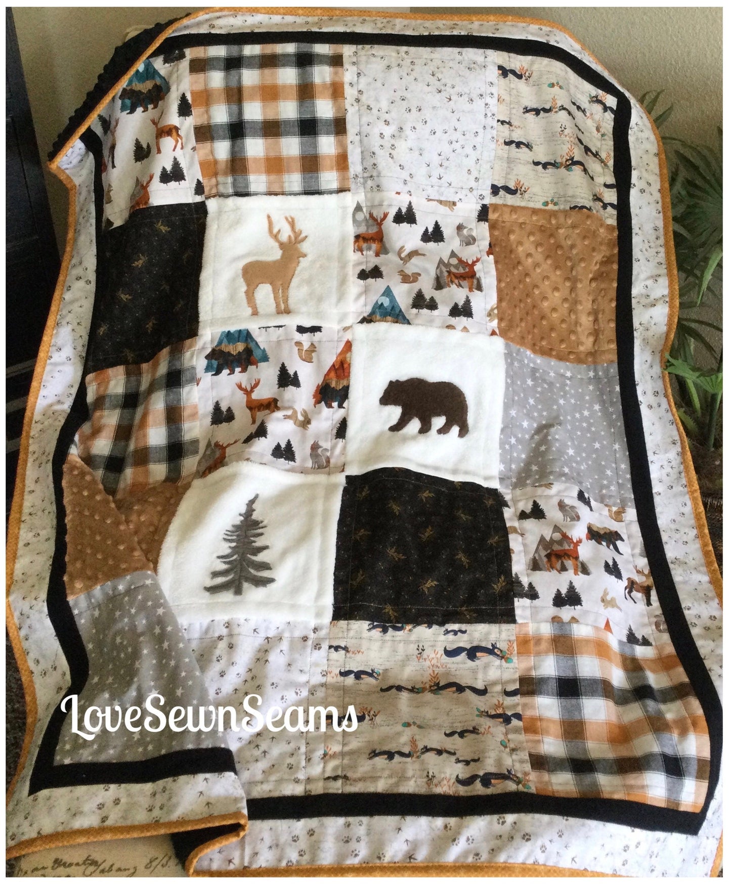 Wilderness quilt in Caramel and gray/Nature Quilt/Lodge quilt/Woodland quilt/