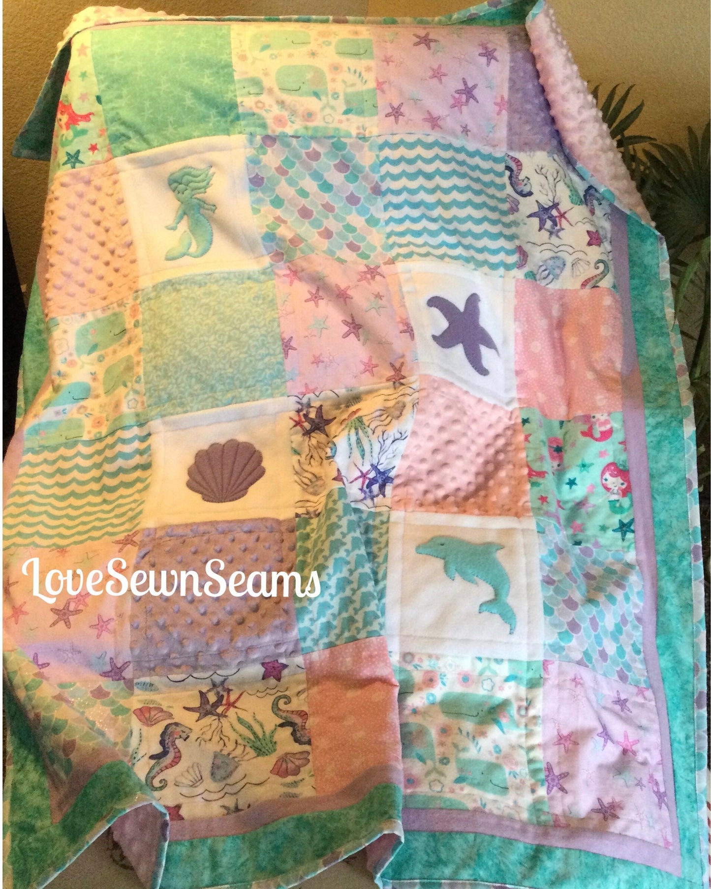 Under the Sea/Mermaid quilt/Sealife quilt/Handmade baby quilt/Minky quilt/Select your Minky color