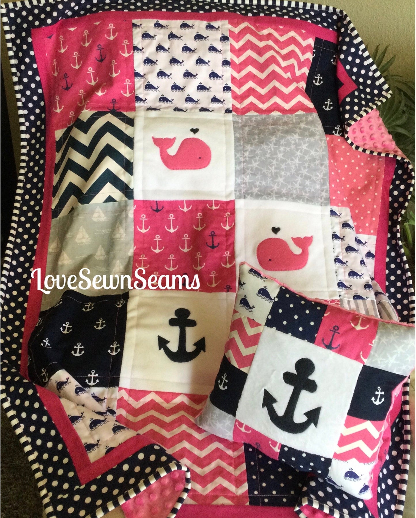MADE TO ORDER/Hot Pink and Navy quilt/Baby quilt/Nautical Quilt Crib+ Skirt Option/Coastal Nursery