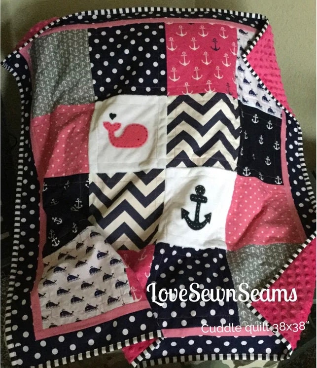 MADE TO ORDER/Hot Pink and Navy quilt/Baby quilt/Nautical Quilt Crib+ Skirt Option/Coastal Nursery