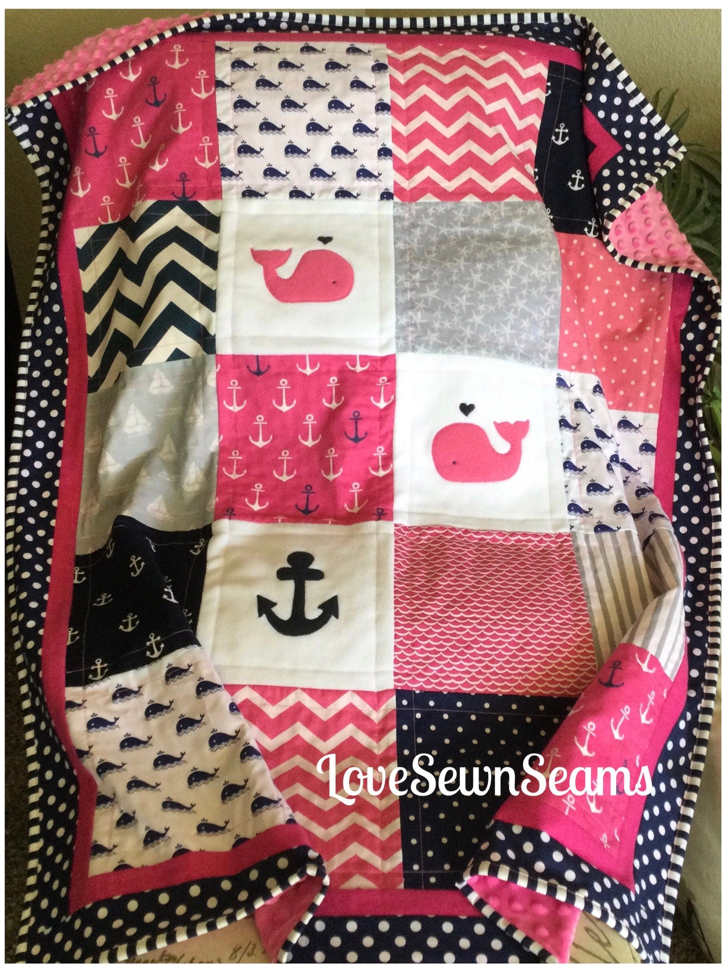 MADE TO ORDER/Hot Pink and Navy quilt/Baby quilt/Nautical Quilt Crib+ Skirt Option/Coastal Nursery