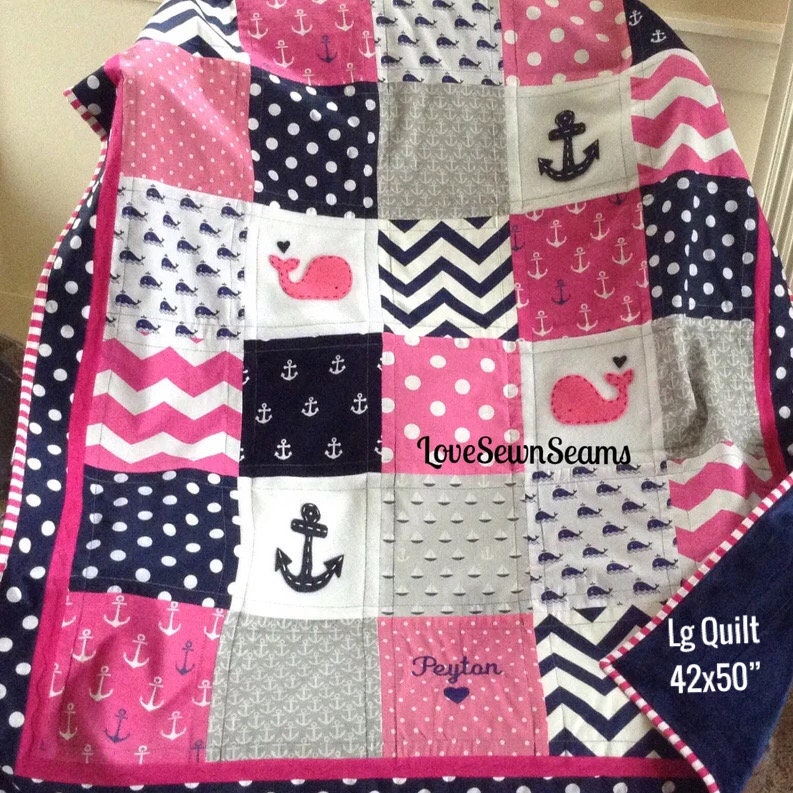 MADE TO ORDER/Hot Pink and Navy quilt/Baby quilt/Nautical Quilt Crib+ Skirt Option/Coastal Nursery
