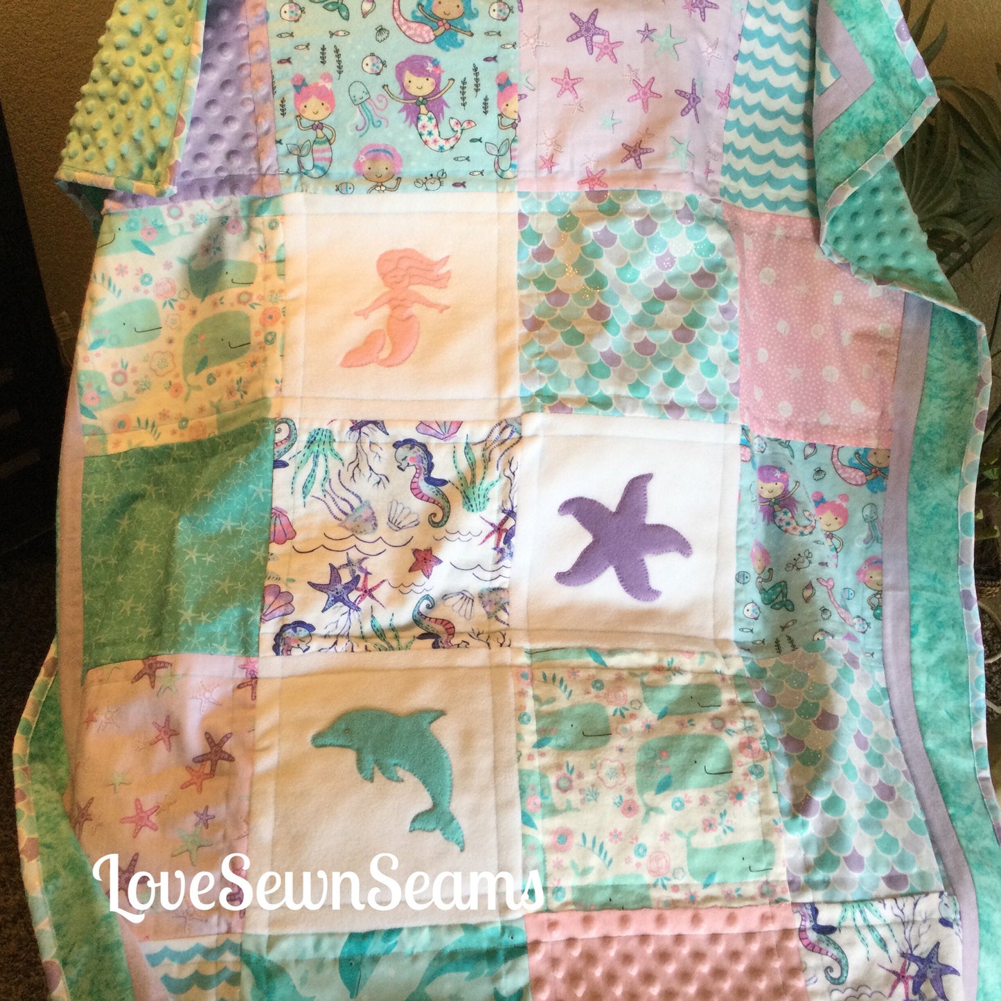Under the Sea/Mermaid quilt/Sealife quilt/Handmade baby quilt/Minky quilt/Select your Minky color