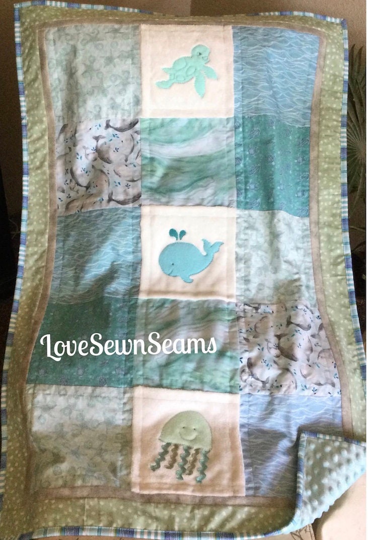 Ocean Love quilt/Sea turtles/Whales and more/Handmade Coastal quilt