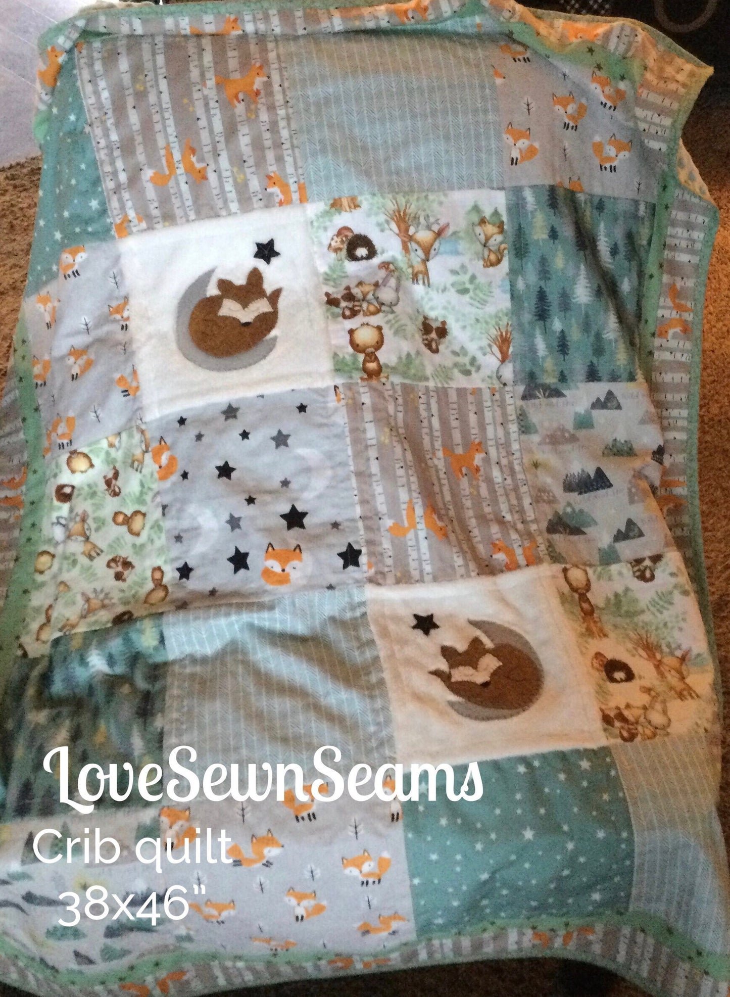 Sleeping Fox on Moon quilt/Woodland quilt/Handmade in USA/Cuddly Minky quilt/Baby quilt/Woodland nursery