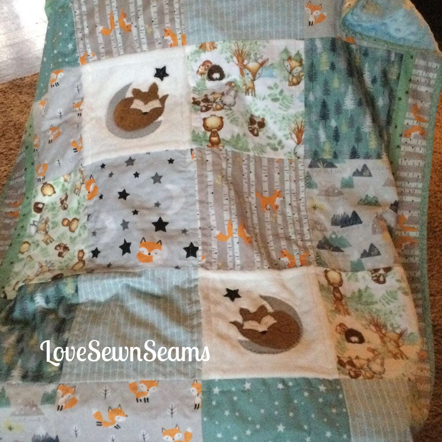 Sleeping Fox on Moon quilt/Woodland quilt/Handmade in USA/Cuddly Minky quilt/Baby quilt/Woodland nursery