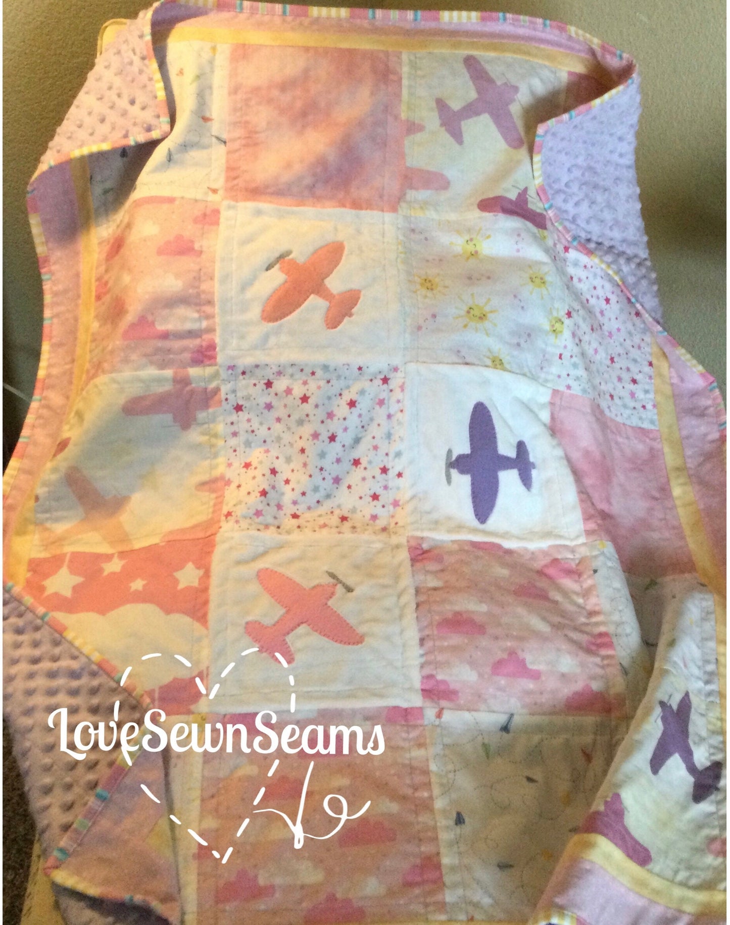 Airplane quilt/Childs quilt/Girls airplane quilt/pink and yellow quilt