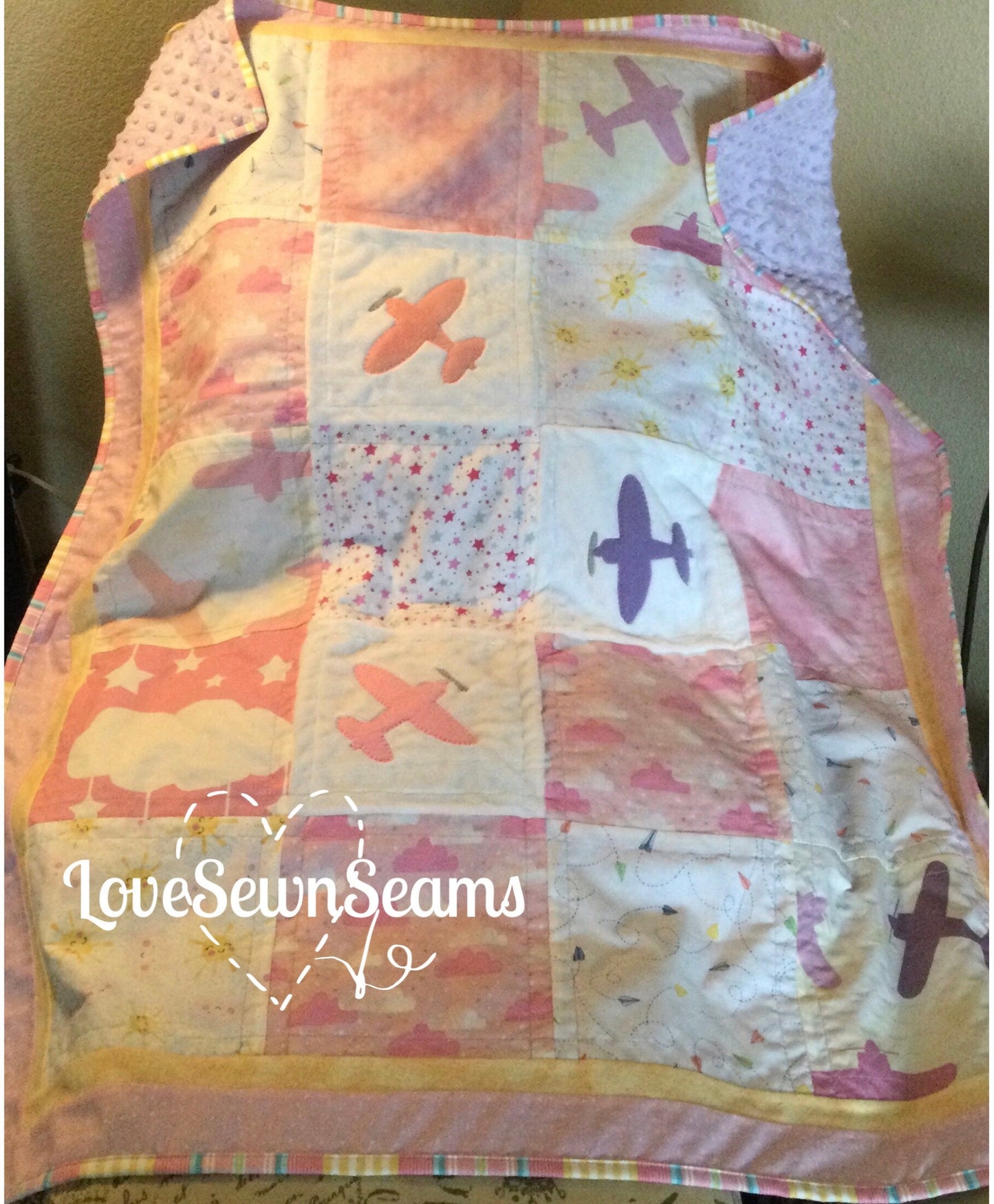 Airplane quilt/Childs quilt/Girls airplane quilt/pink and yellow quilt